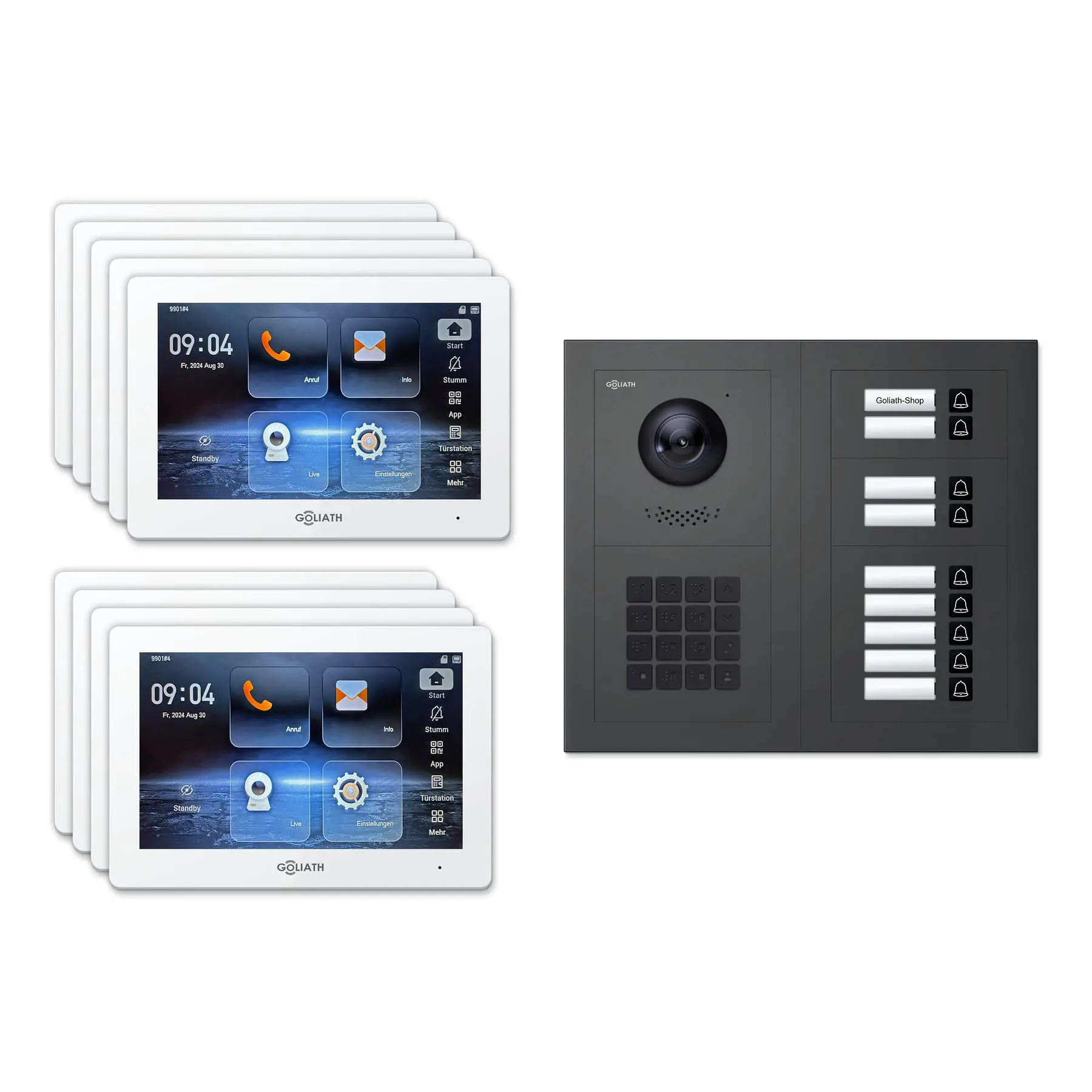 Goliath Türsprechanlage mit Kamera GL-HB920A für 9-Familienhaus: 9 Monitore mit 7 Zoll in Weiß, Außenstation in Anthrazit mit 9 Klingeltasten sowie Zahlencode. Set für Unterputzmontage.