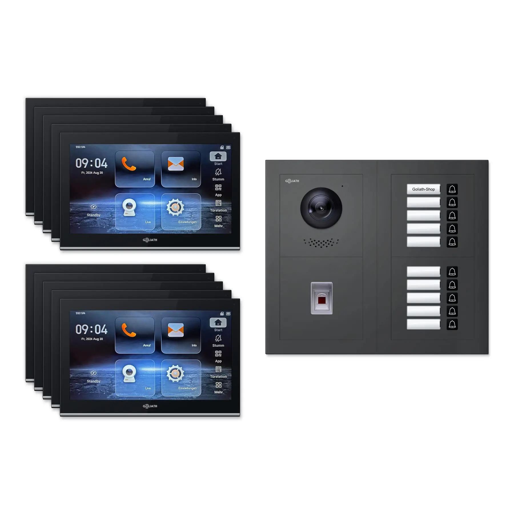 Goliath Video Türsprechanlage GL-IPH1030A.2 für 10-Familienhaus: 10 Monitore mit 10 Zoll in Schwarz, Außenstation in Anthrazit mit 10 Klingeltasten sowie Fingerprint. Set für Unterputzmontage.