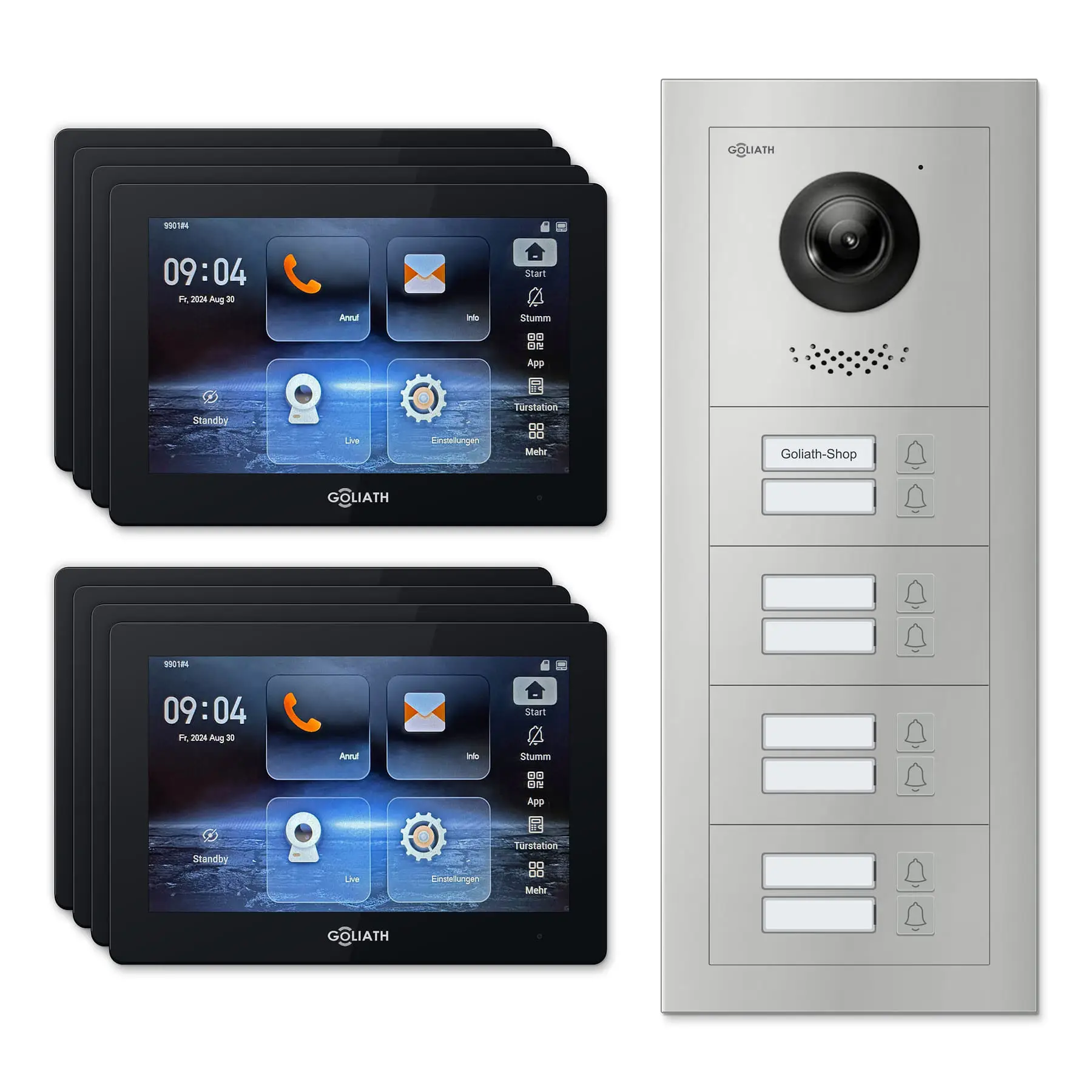 Goliath Video Türsprechanlage GL-IPH805.3 für 8-Familienhaus: 8 Monitore mit 7 Zoll in Schwarz, Außenstation in Silber mit 8 Klingeltasten. Set für Aufputzmontage.