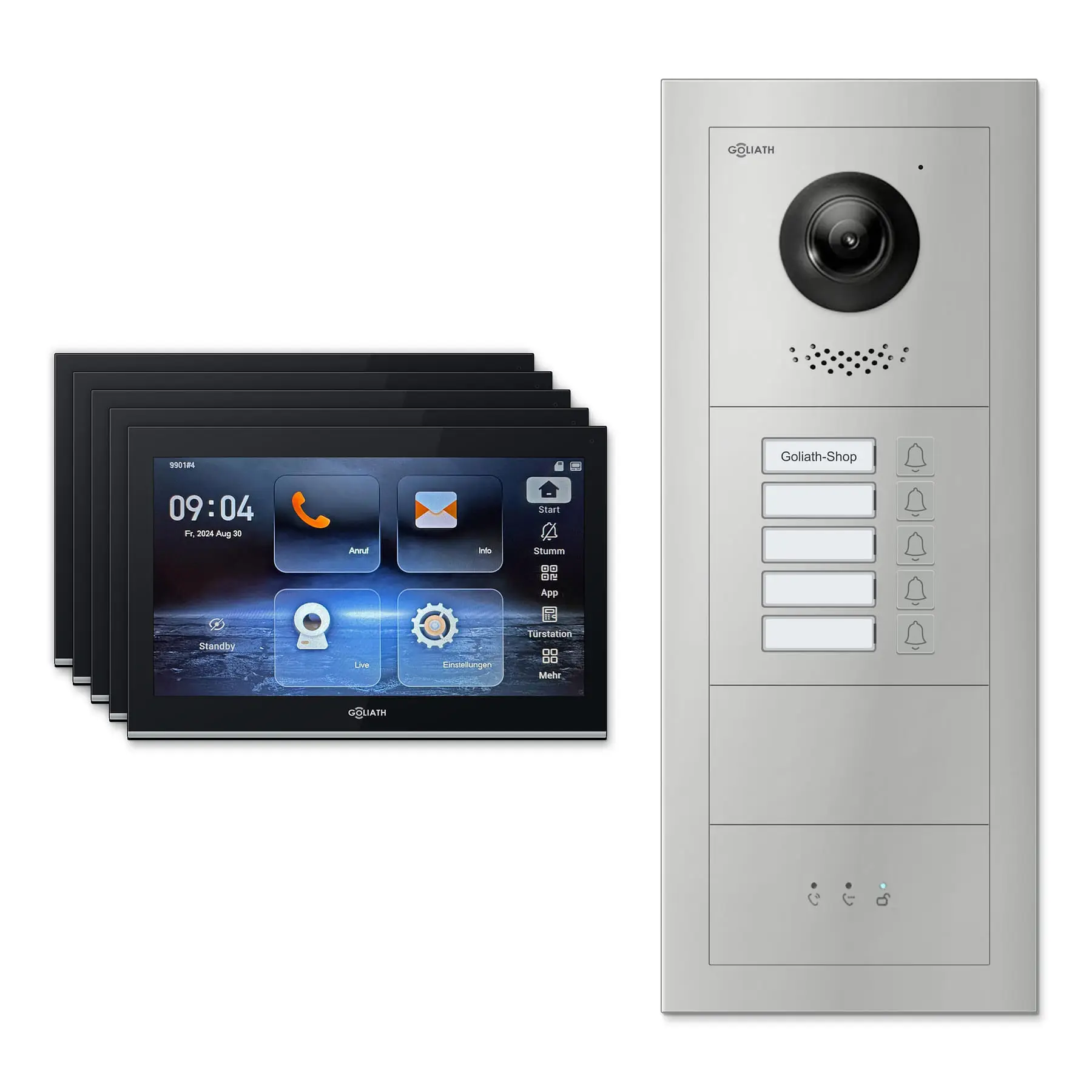 Goliath Video Türsprechanlage GL-IPH540.3 für 5-Familienhaus: 5 Monitore mit 10 Zoll in Schwarz, Außenstation in Silber mit 5 Klingeltasten sowie Statusanzeige. Set für Aufputzmontage.