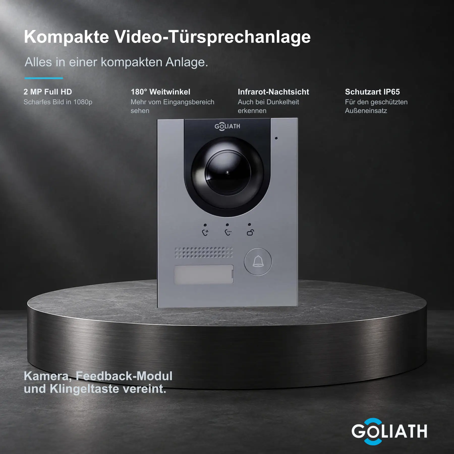 Goliath Kompakt-Line-Außenstation in Silber mit einer Klingeltaste, 2-MP-Kamera, 180°-Weitwinkel, Infrarot-Nachtsicht und integrierter Feedback-Anzeige.