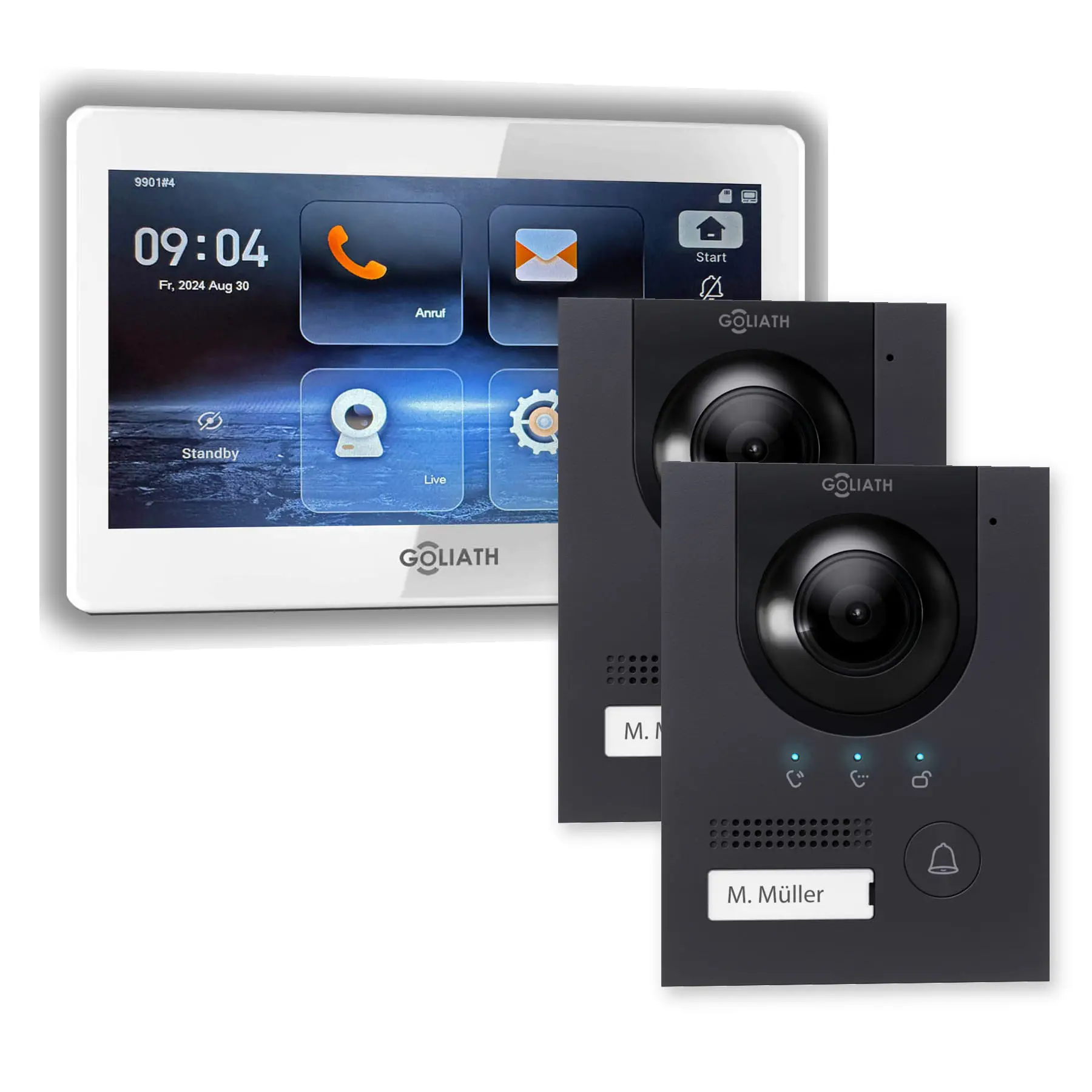 Goliath IP-Set mit zwei anthrazitfarbenen Kompakt-Außenstationen und 1 weißem 7-Zoll-Innenmonitor.