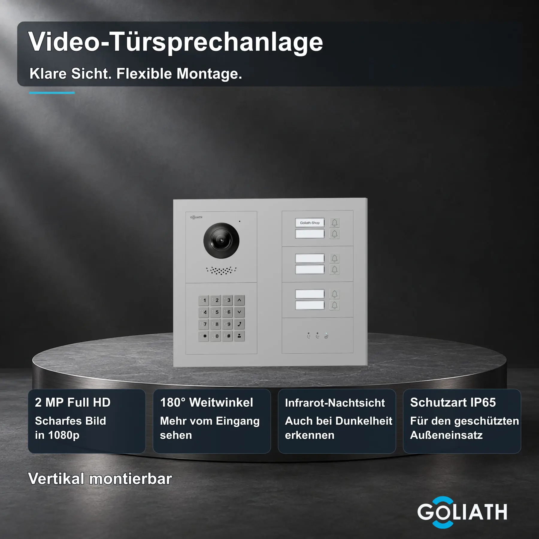 Goliath Premium-Line-Außenstation in Silber mit Kamera, 6 Klingeltasten, Zahlencode-Tastatur und Feedback-Anzeige. Zwei aufrechte Modulspalten nebeneinander auf Naturstein.