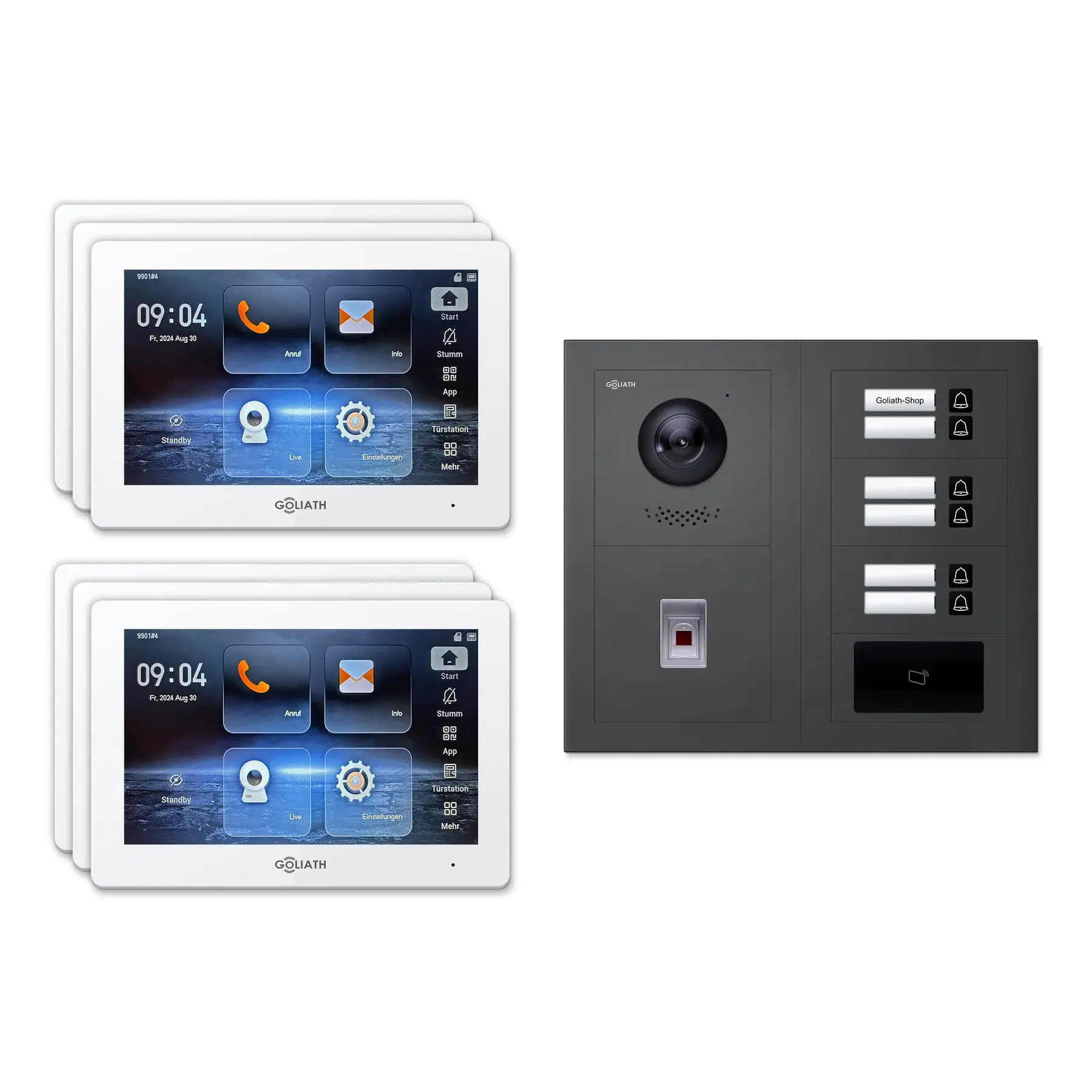 Goliath Türsprechanlage mit Kamera GL-HB640A für 6-Familienhaus: 6 Monitore mit 7 Zoll in Weiß, Außenstation in Anthrazit mit 6 Klingeltasten sowie RFID, Fingerprint. Set für Unterputzmontage.