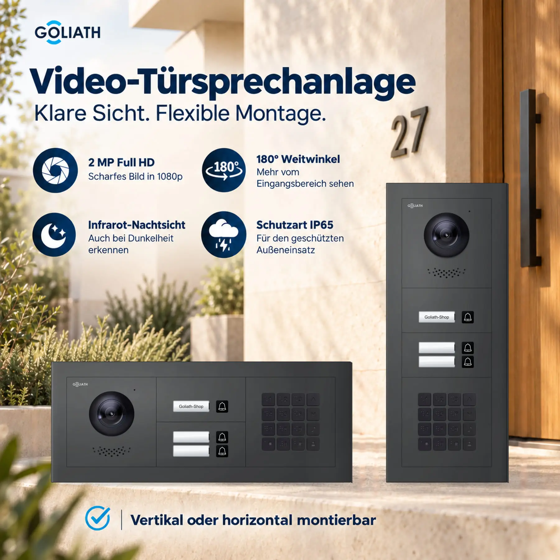 Goliath Premium-Line-Außenstation in Anthrazit mit Kamera, 3 Klingeltasten und Zahlencode-Tastatur. Senkrechte und waagerechte Anordnung auf Naturstein.