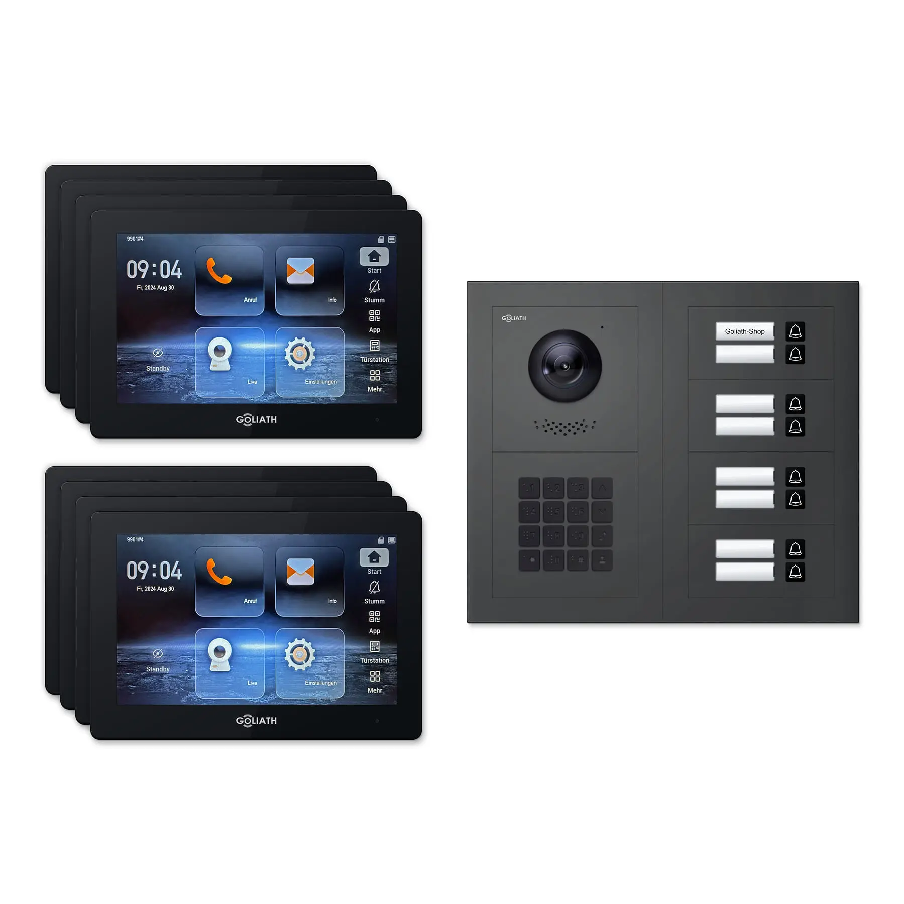 Goliath Türsprechanlage mit Kamera GL-HB820A.2 für 8-Familienhaus: 8 Monitore mit 7 Zoll in Schwarz, Außenstation in Anthrazit mit 8 Klingeltasten sowie Zahlencode. Set für Unterputzmontage.