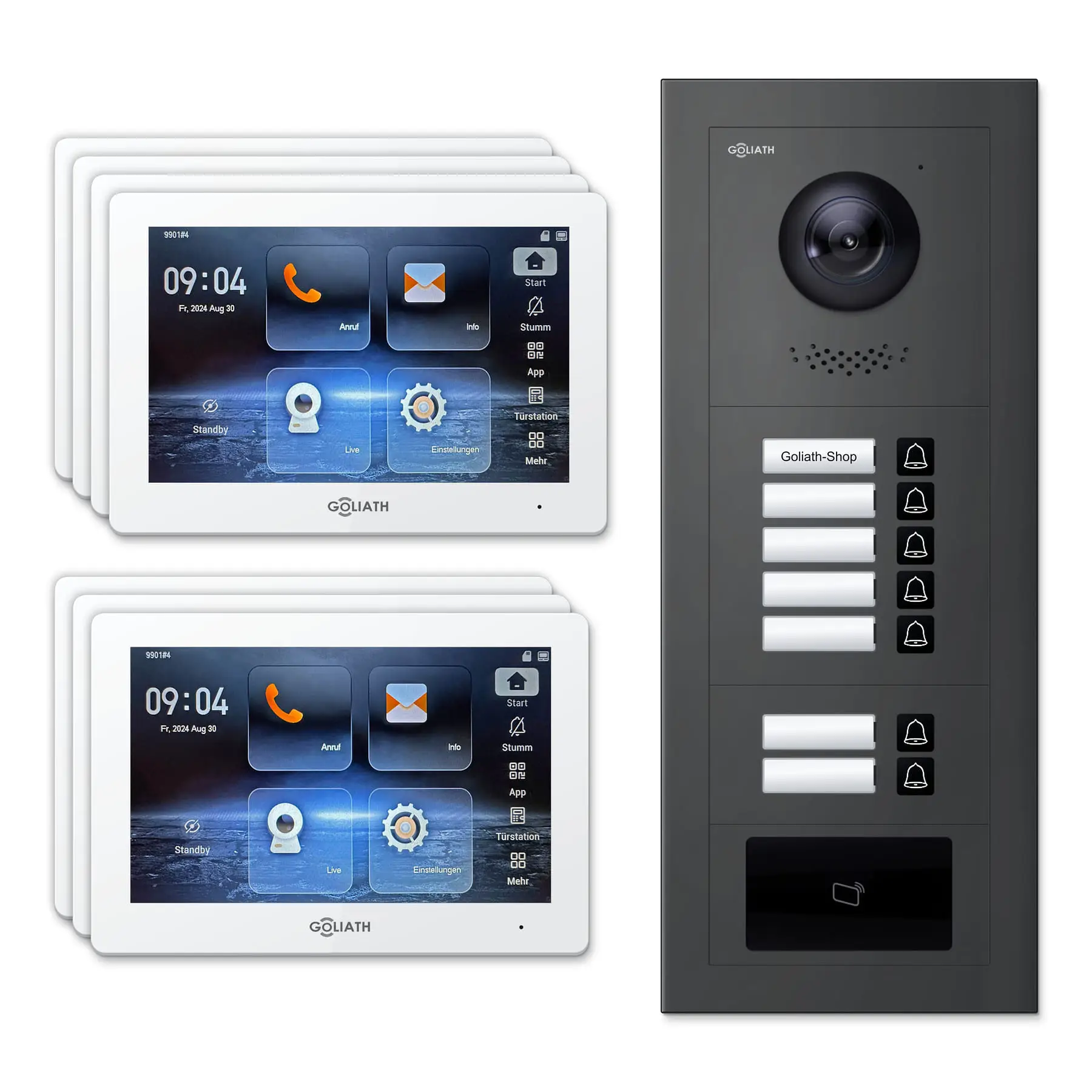 Goliath Video Türsprechanlage GL-IPH715A für 7-Familienhaus: 7 Monitore mit 7 Zoll in Weiß, Außenstation in Anthrazit mit 7 Klingeltasten sowie RFID. Set für Unterputzmontage.