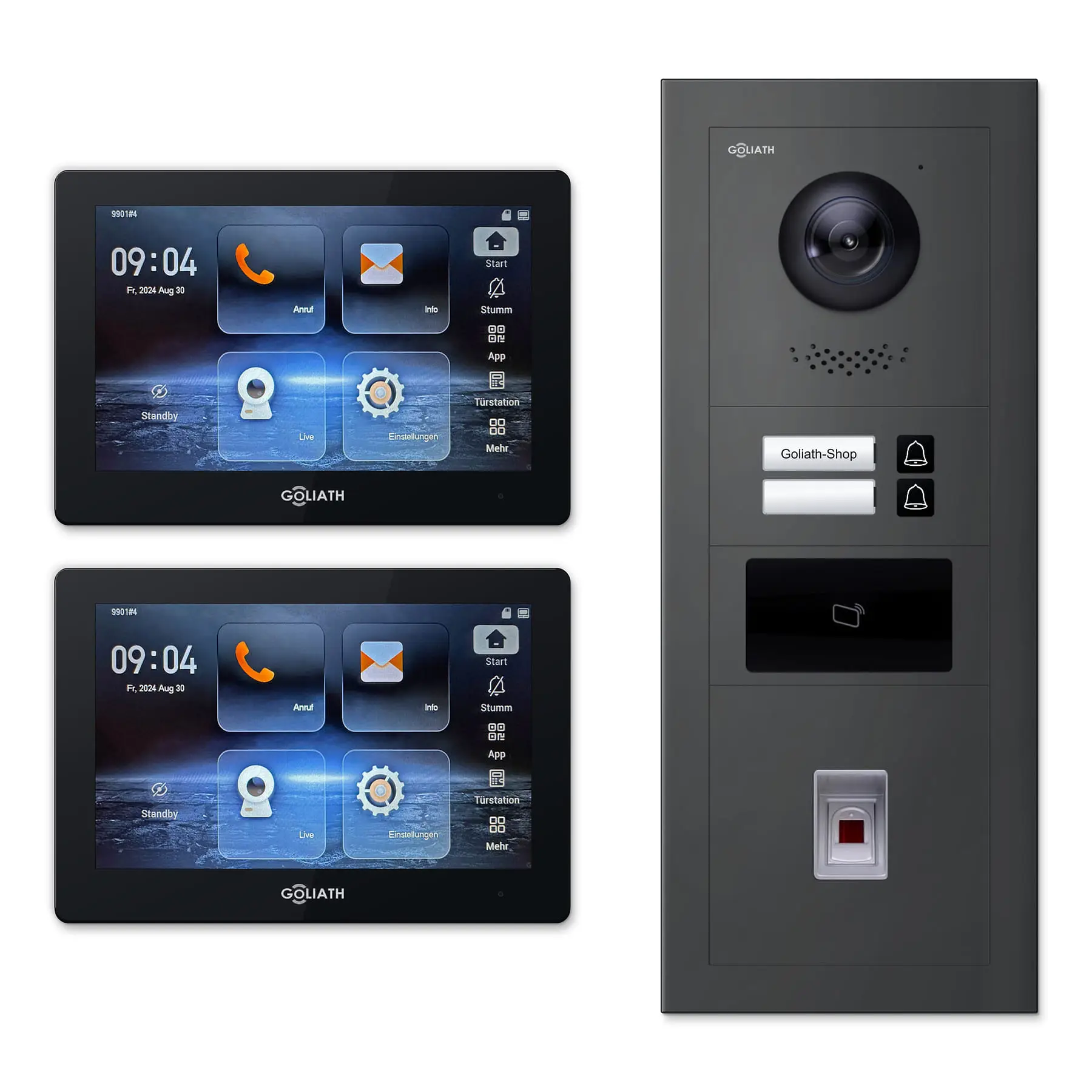 Goliath Video Türsprechanlage GL-IPH245A.6 für 2-Familienhaus: 2 Monitore mit 7 Zoll in Schwarz, Außenstation in Anthrazit mit 2 Klingeltasten sowie RFID, Fingerprint. Set für Aufputzmontage.