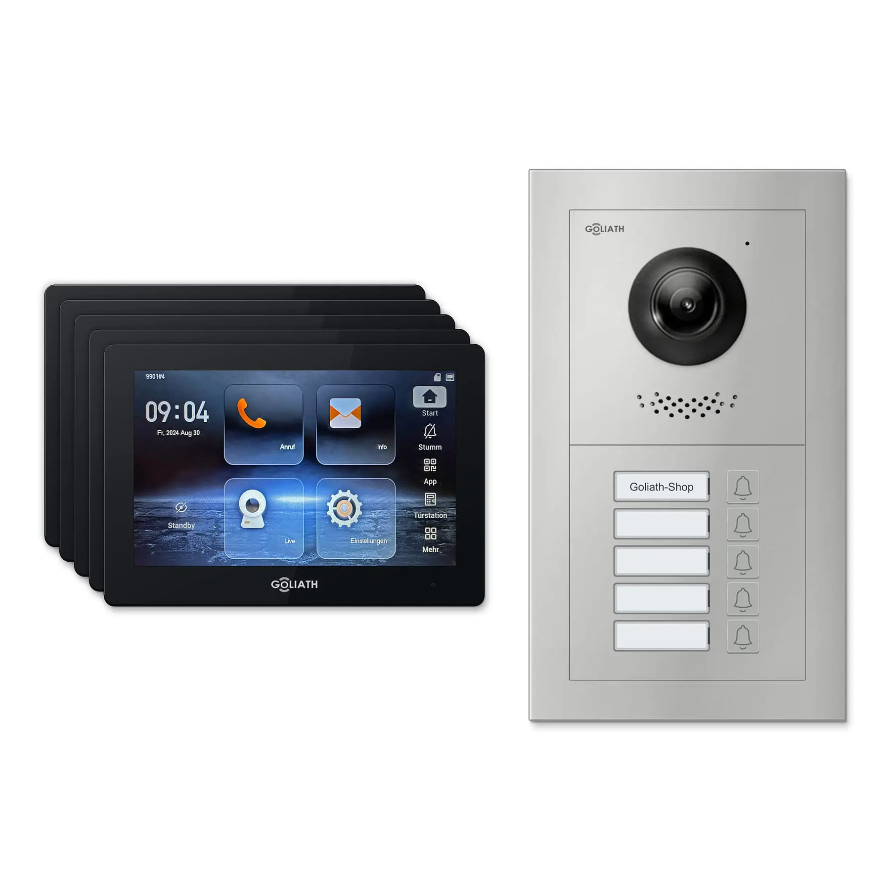 Goliath Türsprechanlage mit Kamera GL-HB500.2 für 5-Familienhaus: 5 Monitore mit 7 Zoll in Schwarz, Außenstation in Silber mit 5 Klingeltasten. Set für Unterputzmontage.