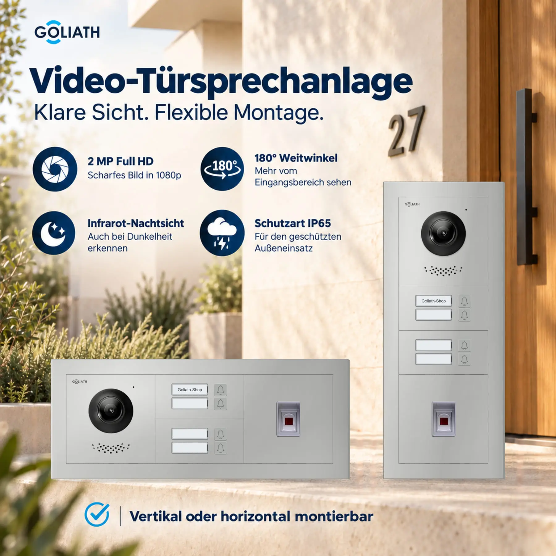 Goliath Premium-Line-Außenstation in Silber mit Kamera, 4 Klingeltasten und Fingerprint-Modul. Senkrechte und waagerechte Anordnung auf Naturstein.