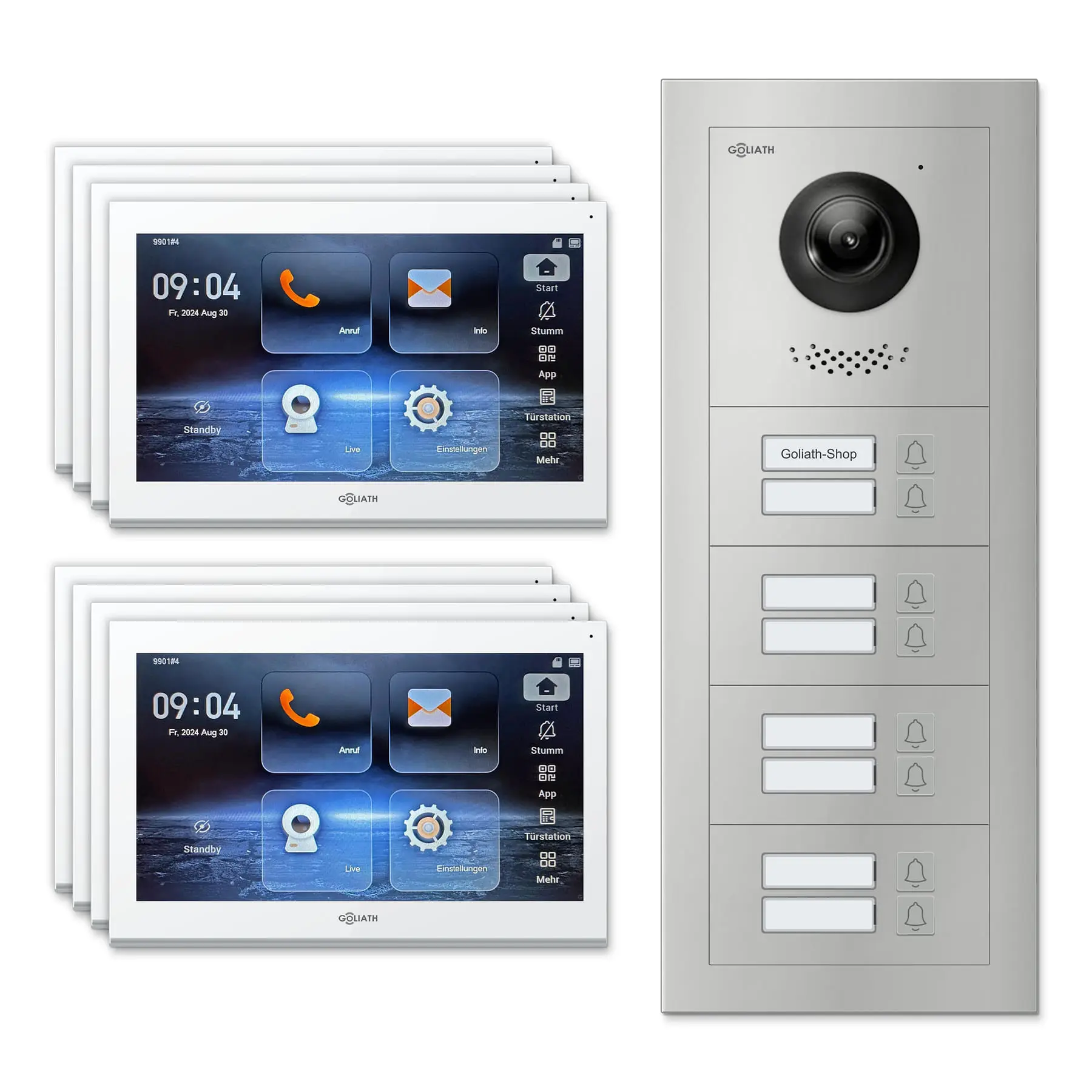 Goliath Video Türsprechanlage GL-IPH800 für 8-Familienhaus: 8 Monitore mit 10 Zoll in Weiß, Außenstation in Silber mit 8 Klingeltasten. Set für Unterputzmontage.