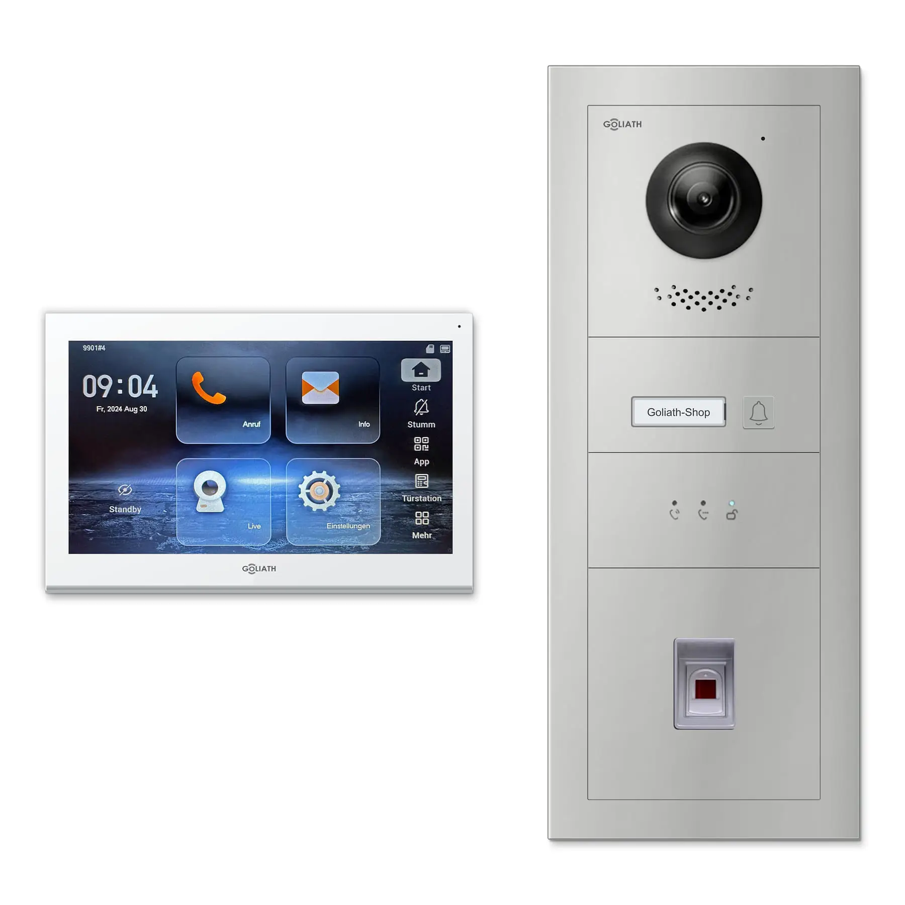 Goliath Video Türsprechanlage GL-IPH130 für 1-Familienhaus: 1 Monitor mit 10 Zoll in Weiß, Außenstation in Silber mit 1 Klingeltaste sowie Statusanzeige, Fingerprint. Set für Unterputzmontage.