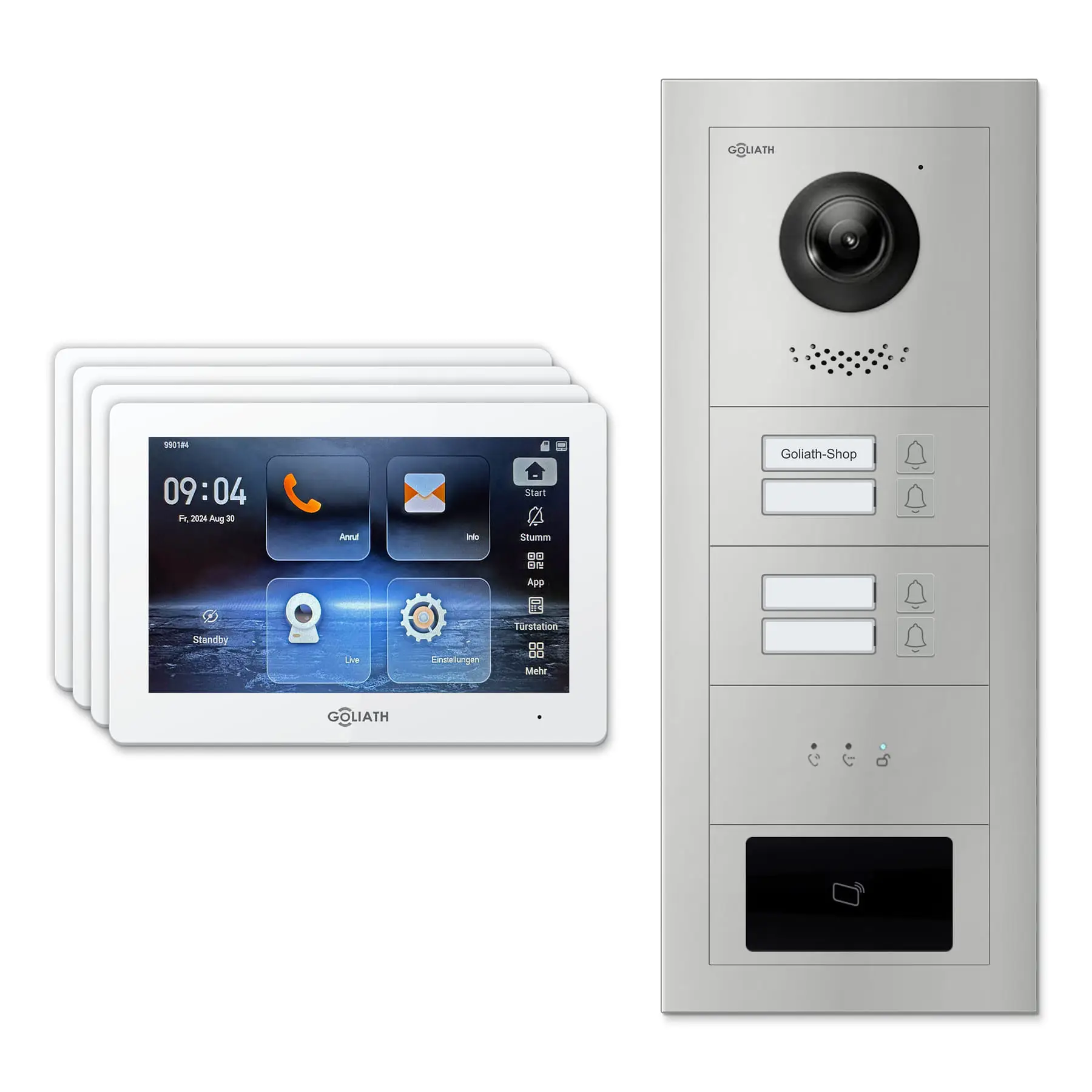 Goliath Video Türsprechanlage GL-IPH415 für 4-Familienhaus: 4 Monitore mit 7 Zoll in Weiß, Außenstation in Silber mit 4 Klingeltasten sowie Statusanzeige, RFID. Set für Unterputzmontage.