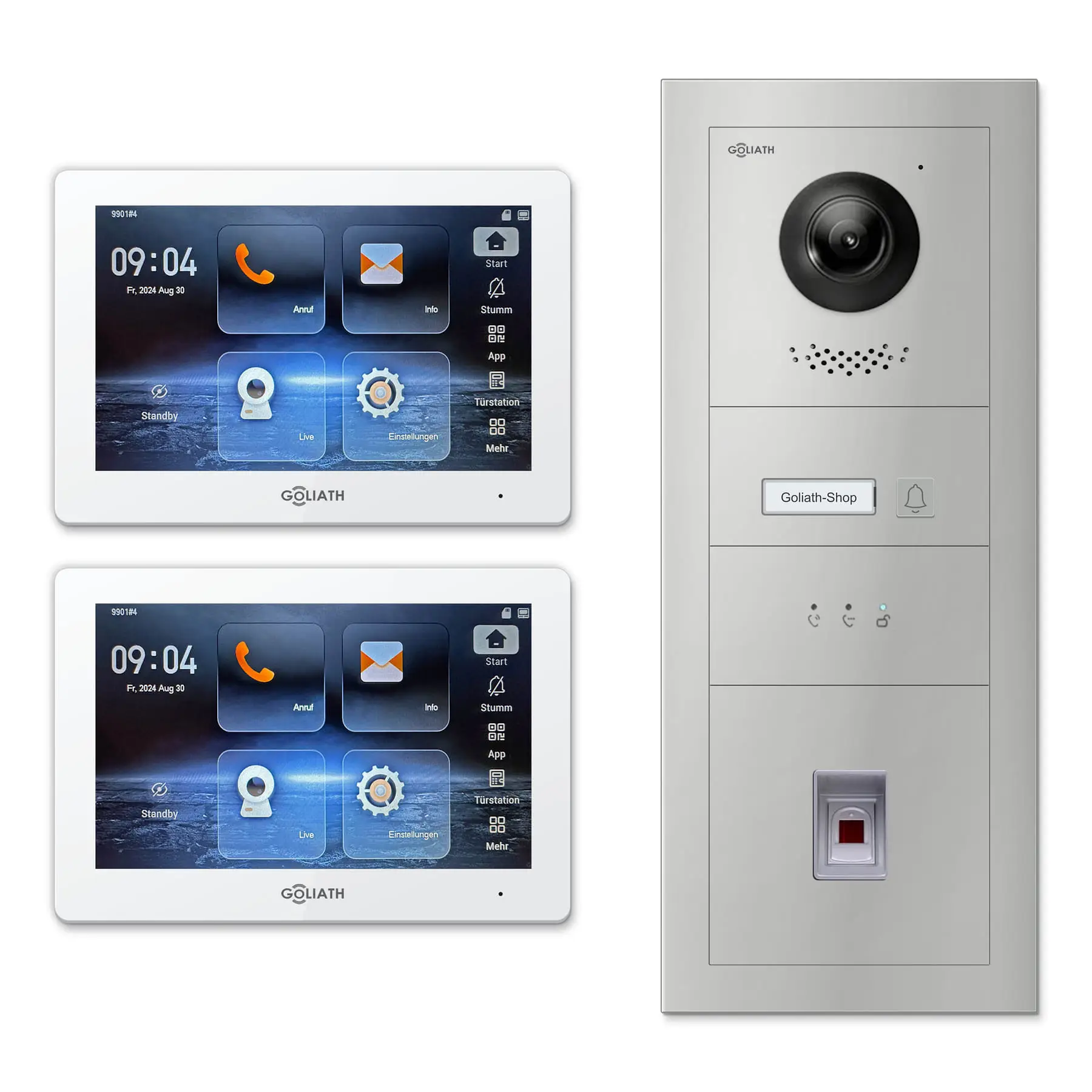 Goliath Türsprechanlage mit Kamera GL-HB131 für 1-Familienhaus: 2 Monitore mit 7 Zoll in Weiß, Außenstation in Silber mit 1 Klingeltaste sowie Statusanzeige, Fingerprint. Set für Unterputzmontage.