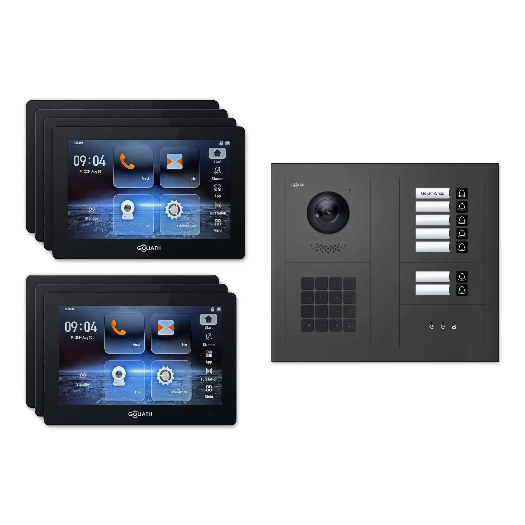 Goliath Video Türsprechanlage GL-IPH735A.2 für 7-Familienhaus: 7 Monitore mit 7 Zoll in Schwarz, Außenstation in Anthrazit mit 7 Klingeltasten sowie Statusanzeige, Zahlencode. Set für Unterputzmontage.