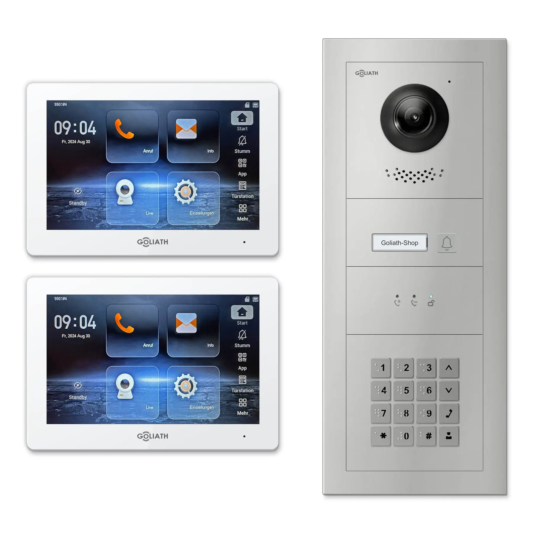 Goliath Video Türsprechanlage GL-IPH126 für 1-Familienhaus: 2 Monitore mit 7 Zoll in Weiß, Außenstation in Silber mit 1 Klingeltaste sowie Statusanzeige, Zahlencode. Set für Unterputzmontage.