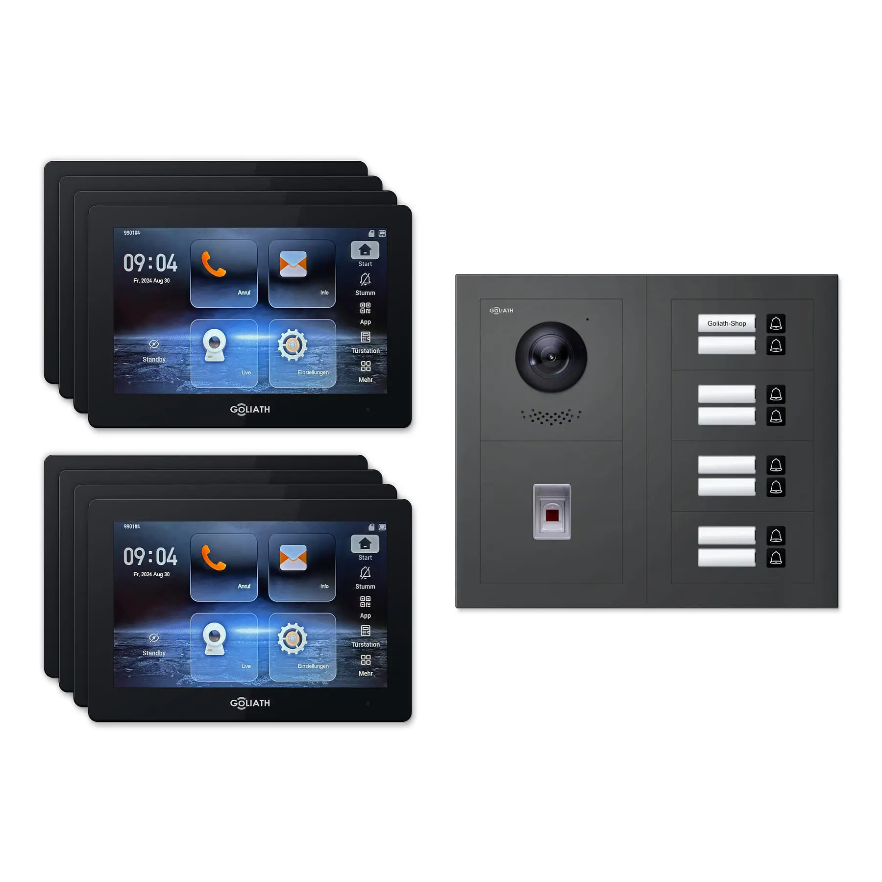 Goliath Türsprechanlage mit Kamera GL-HB840A.3 für 8-Familienhaus: 8 Monitore mit 7 Zoll in Schwarz, Außenstation in Anthrazit mit 8 Klingeltasten sowie Fingerprint. Set für Aufputzmontage.