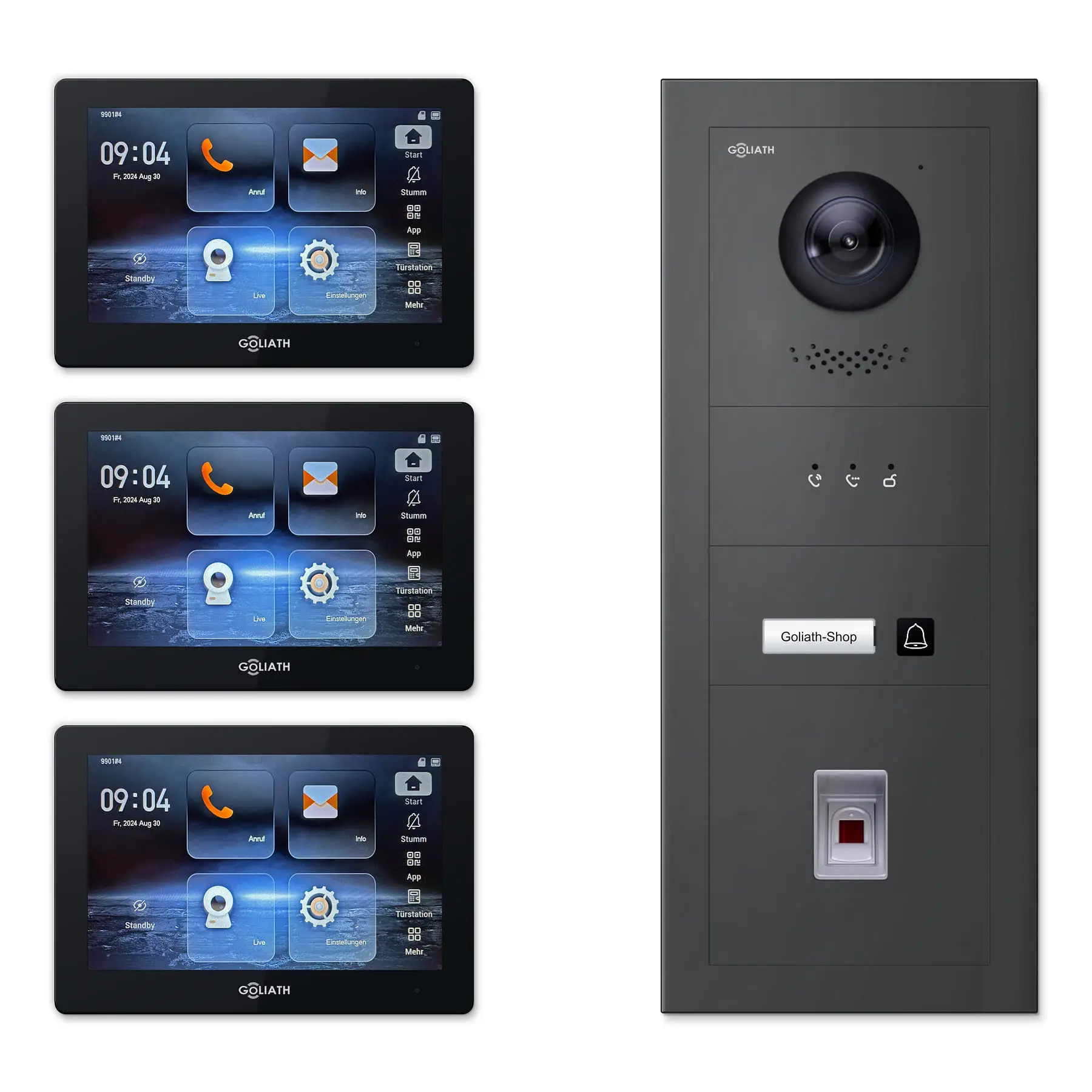 Goliath Video Türsprechanlage GL-IPH137A.4 für 1-Familienhaus: 3 Monitore mit 7 Zoll in Schwarz, Außenstation in Anthrazit mit 1 Klingeltaste sowie Statusanzeige, Fingerprint. Set für Unterputzmontage.