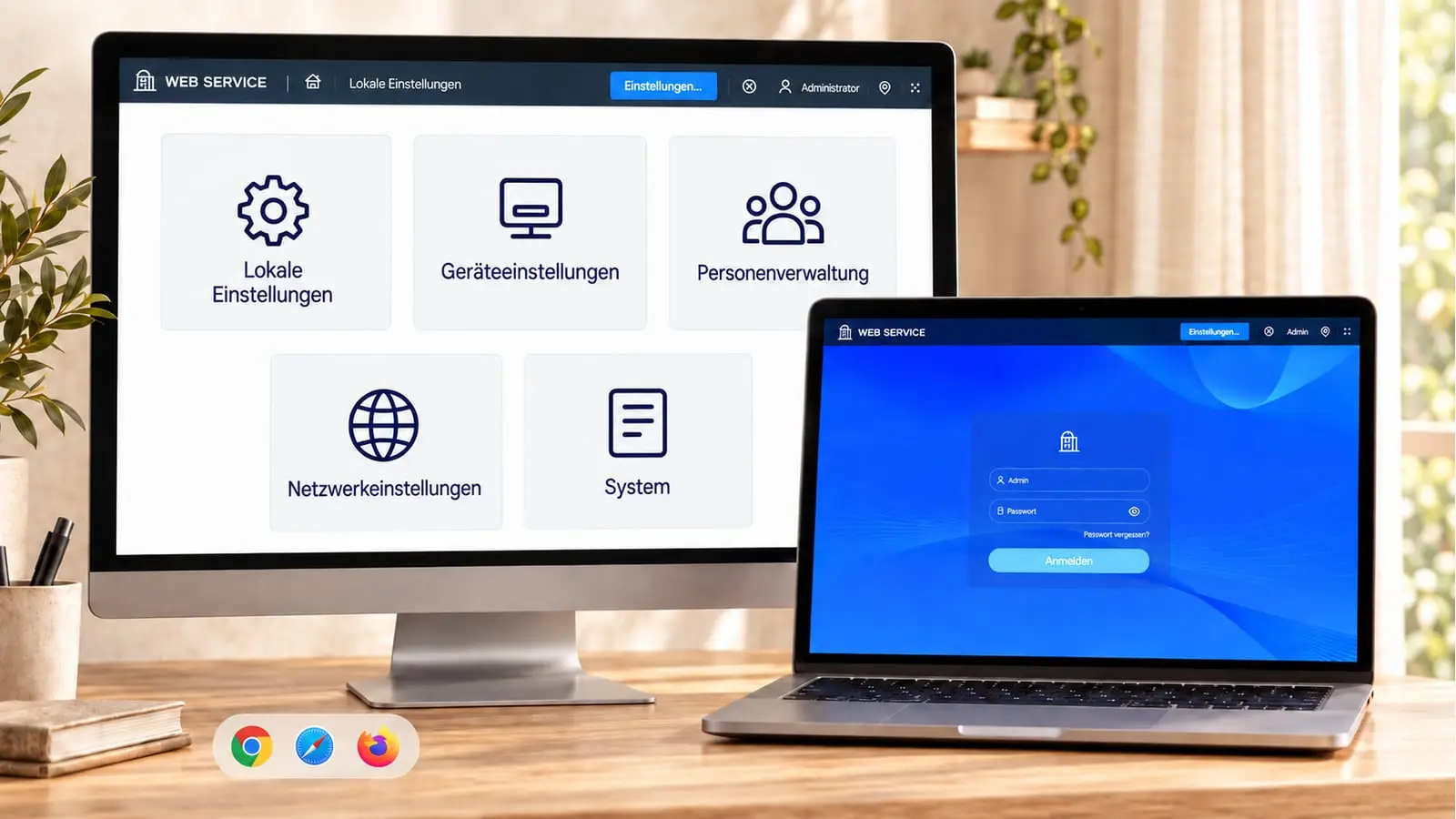 Computer und Notebook mit Webinterface sowie Logos von Chrome, Safari und Firefox