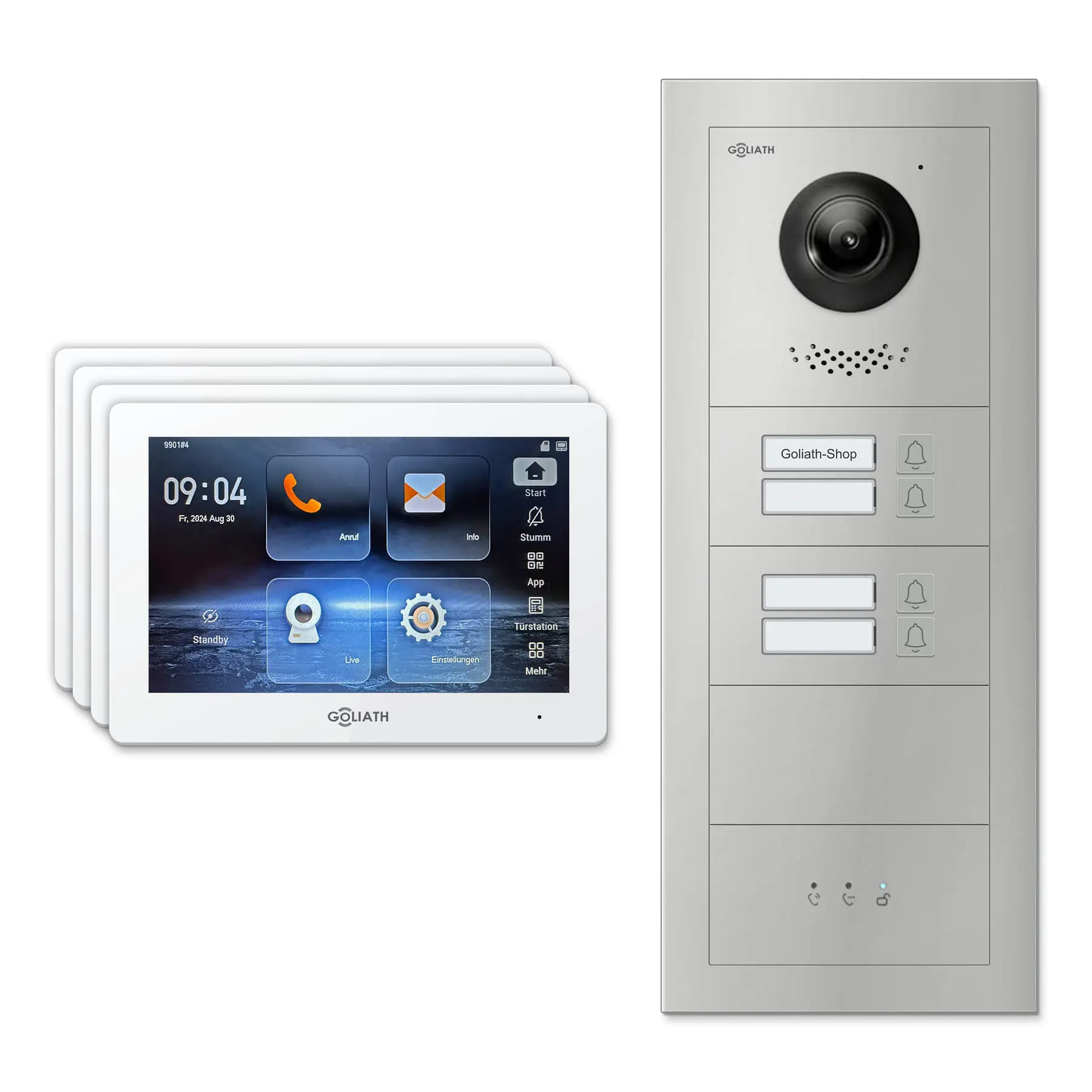 Goliath Video Türsprechanlage GL-IPH445 für 4-Familienhaus: 4 Monitore mit 7 Zoll in Weiß, Außenstation in Silber mit 4 Klingeltasten sowie Statusanzeige. Set für Unterputzmontage.