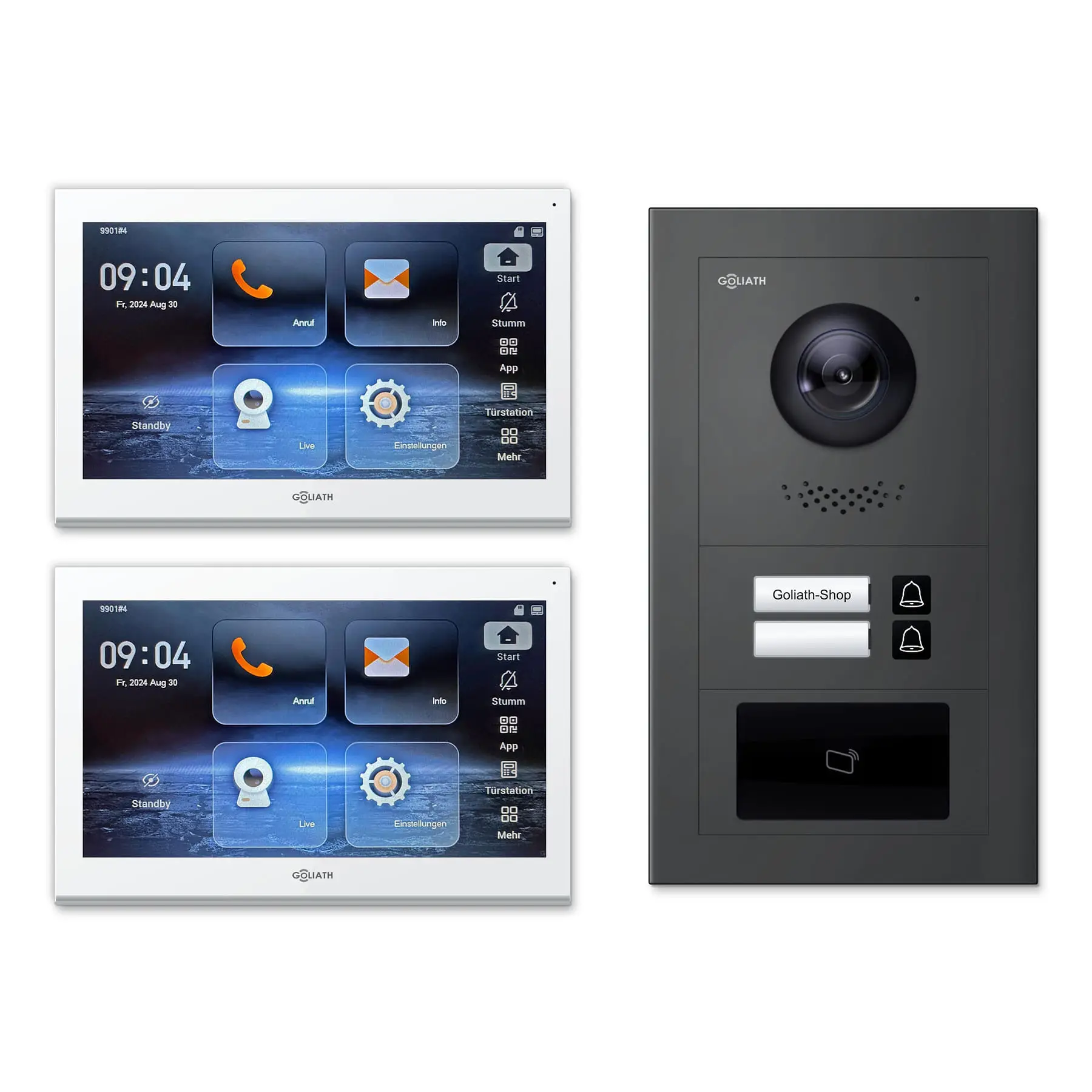 Goliath Video Türsprechanlage GL-IPH210A.2 für 2-Familienhaus: 2 Monitore mit 10 Zoll in Weiß, Außenstation in Anthrazit mit 2 Klingeltasten sowie RFID. Set für Aufputzmontage.