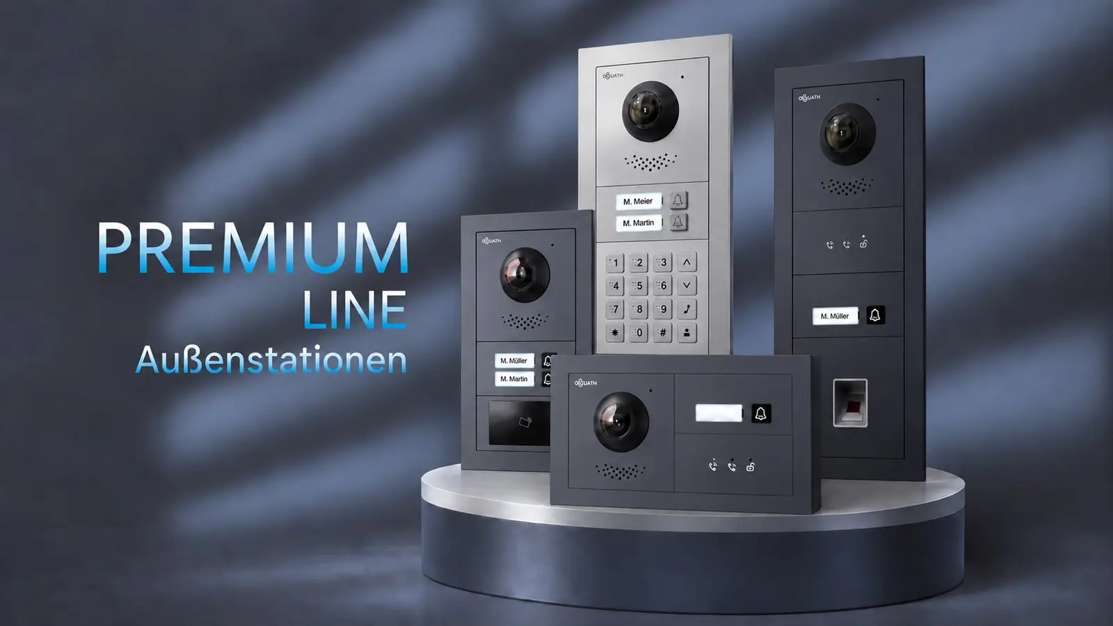 Premium-Line-Außenstationen als Ausführungsbeispiele in Silber und Anthrazit, senkrecht und waagerecht, mit Zahlencode und Fingerprint