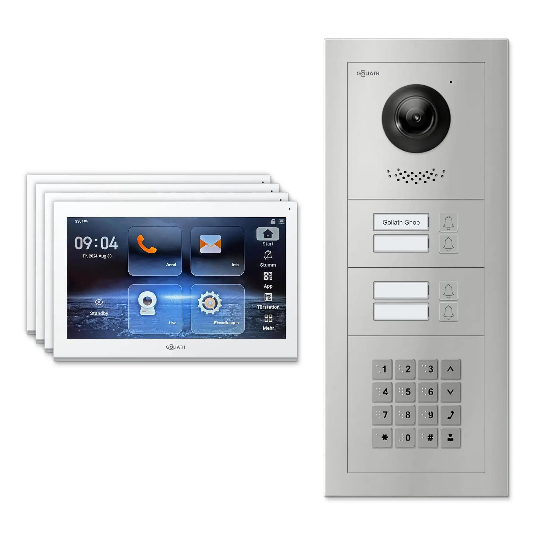 Goliath Video Türsprechanlage GL-IPH420.1 für 4-Familienhaus: 4 Monitore mit 10 Zoll in Weiß, Außenstation in Silber mit 4 Klingeltasten sowie Zahlencode. Set für Aufputzmontage.