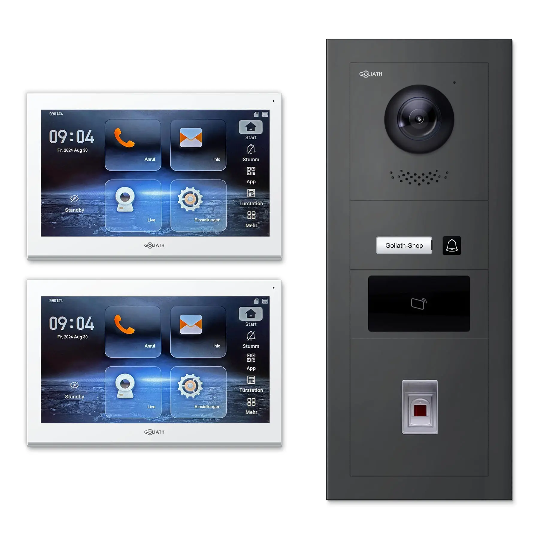 Goliath Video Türsprechanlage GL-IPH141A.2 für 1-Familienhaus: 2 Monitore mit 10 Zoll in Weiß, Außenstation in Anthrazit mit 1 Klingeltaste sowie RFID, Fingerprint. Set für Aufputzmontage.