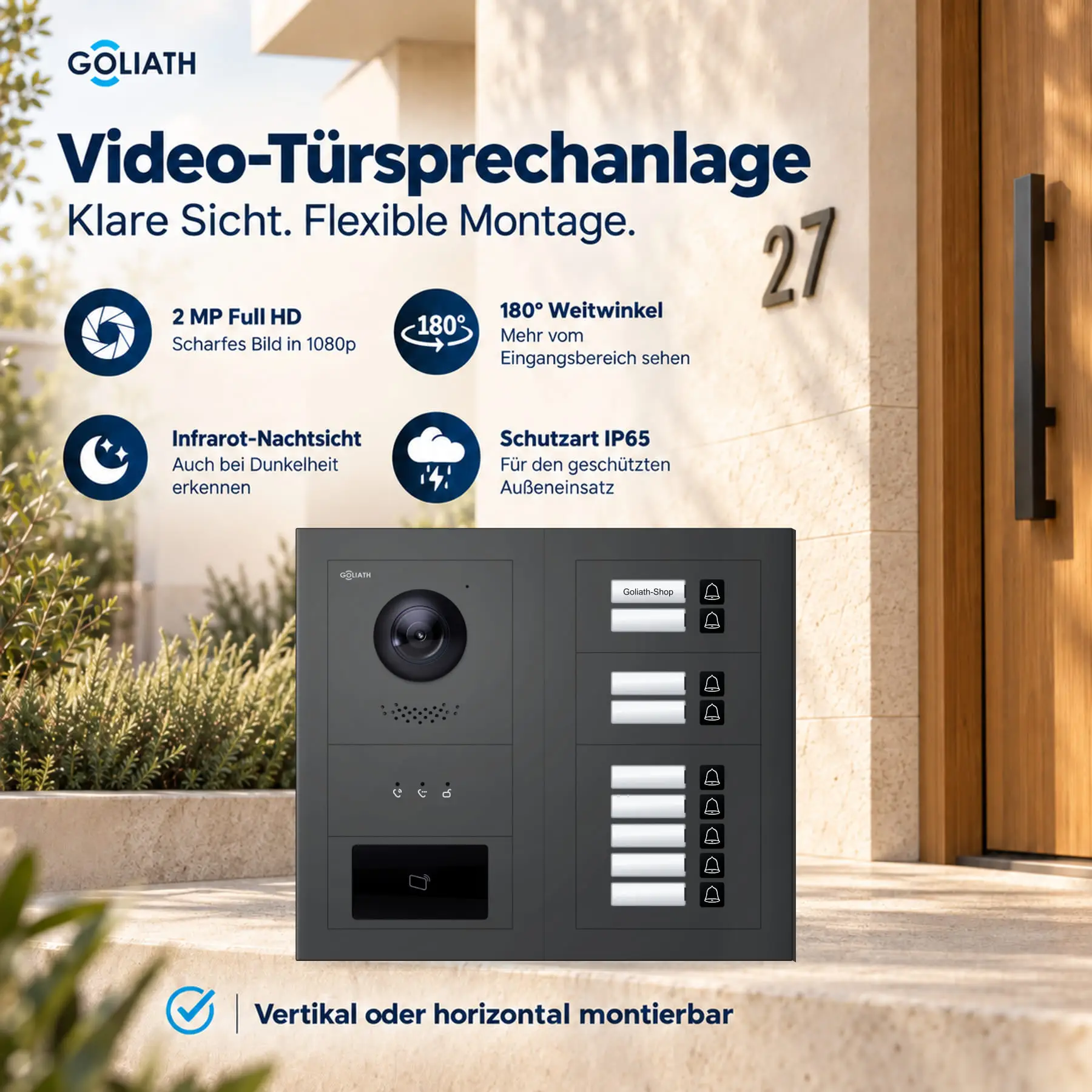Goliath Premium-Line-Außenstation in Anthrazit mit Kamera, 9 Klingeltasten, RFID-Leser und Feedback-Anzeige. Zwei aufrechte Modulspalten nebeneinander auf Naturstein.