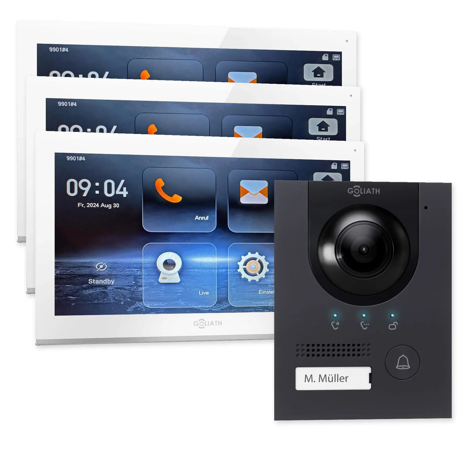Goliath IP-Set mit einer anthrazitfarbenen Kompakt-Außenstation und 3 weißen 10-Zoll-Innenmonitoren.