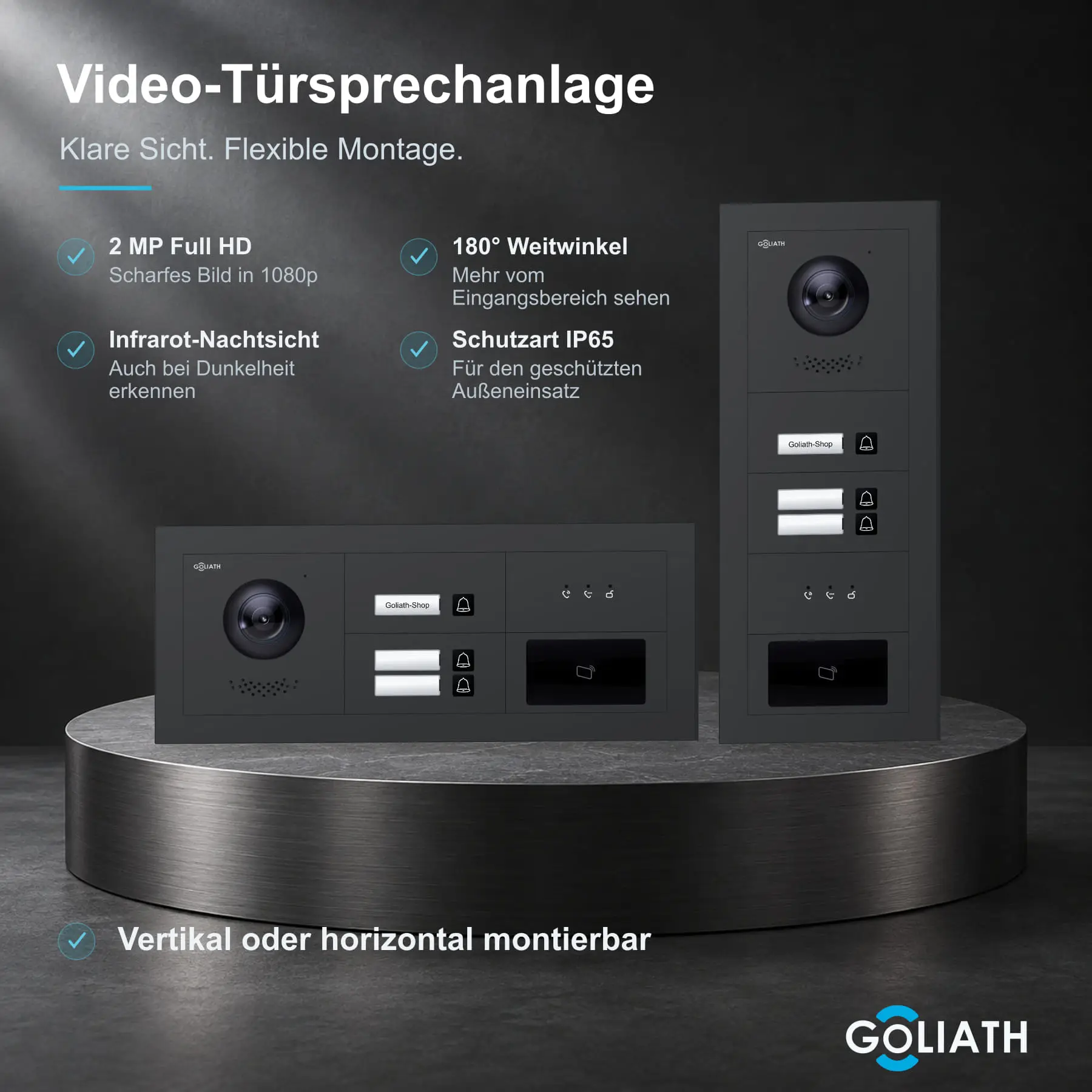 Goliath Premium-Line-Außenstation in Anthrazit mit Kamera, 3 Klingeltasten, RFID-Leser und Feedback-Anzeige. Senkrechte und waagerechte Anordnung auf Naturstein.