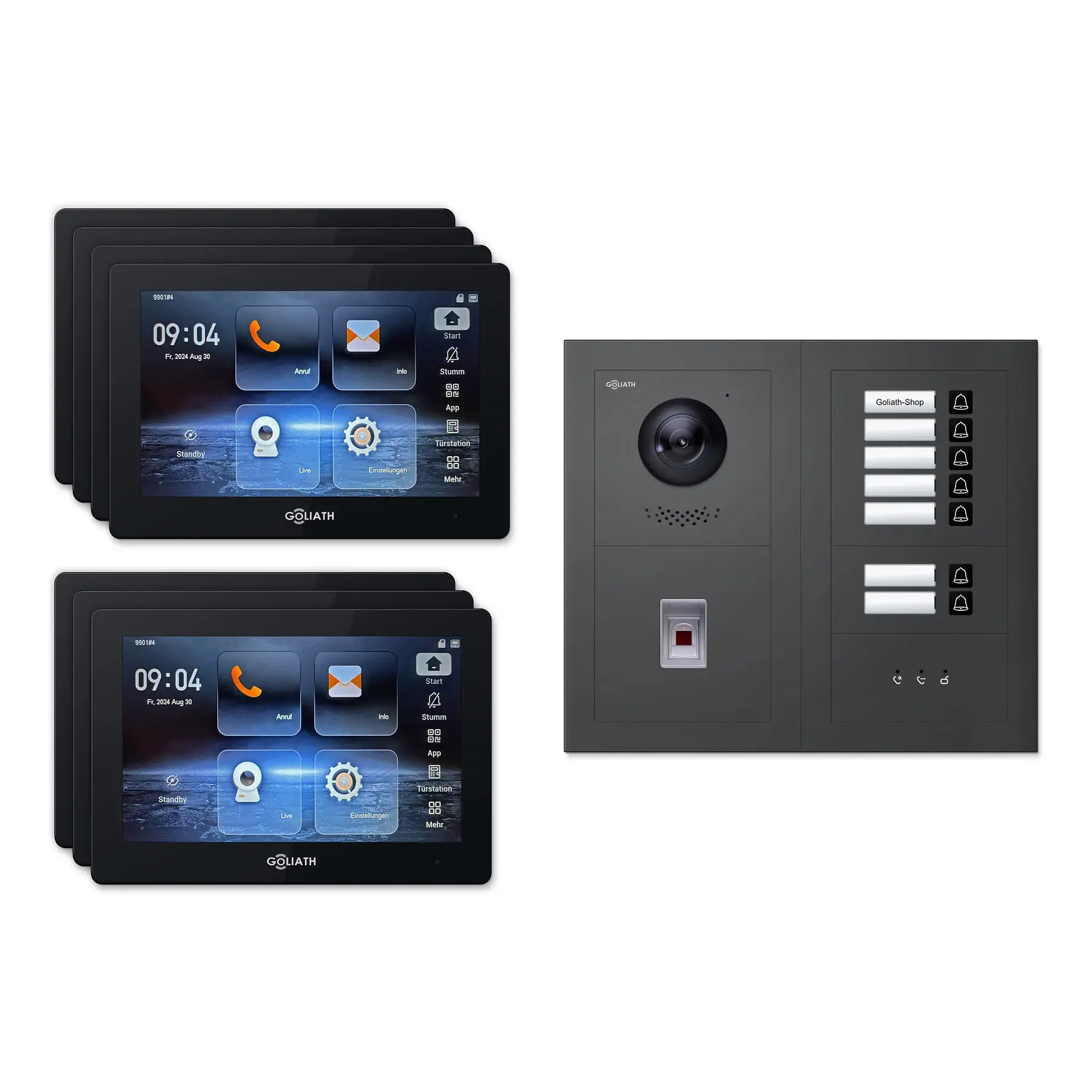 Goliath Video Türsprechanlage GL-IPH755A.2 für 7-Familienhaus: 7 Monitore mit 7 Zoll in Schwarz, Außenstation in Anthrazit mit 7 Klingeltasten sowie Statusanzeige, Fingerprint. Set für Unterputzmontage.