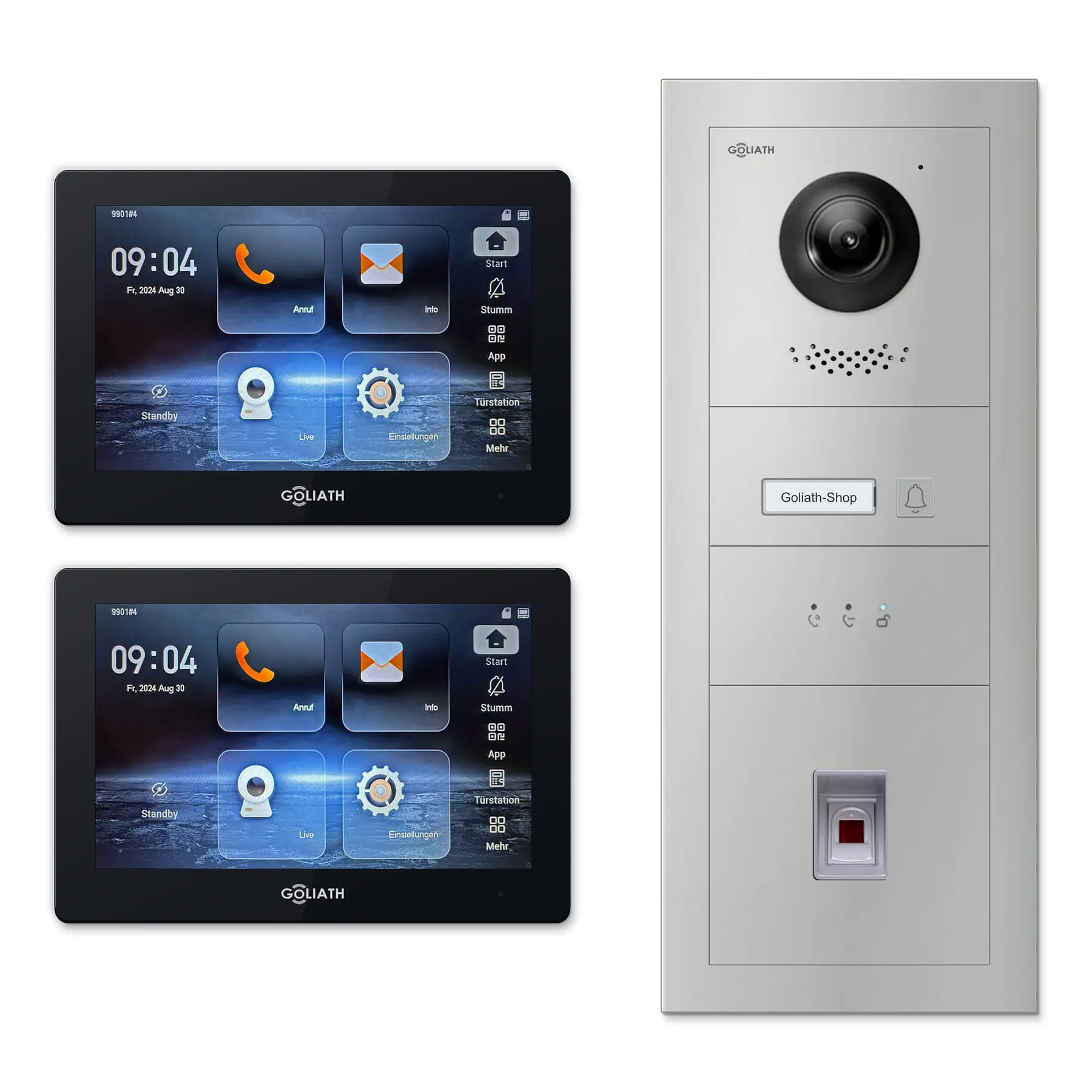 Goliath Türsprechanlage mit Kamera GL-HB131.2 für 1-Familienhaus: 2 Monitore mit 7 Zoll in Schwarz, Außenstation in Silber mit 1 Klingeltaste sowie Statusanzeige, Fingerprint. Set für Unterputzmontage.