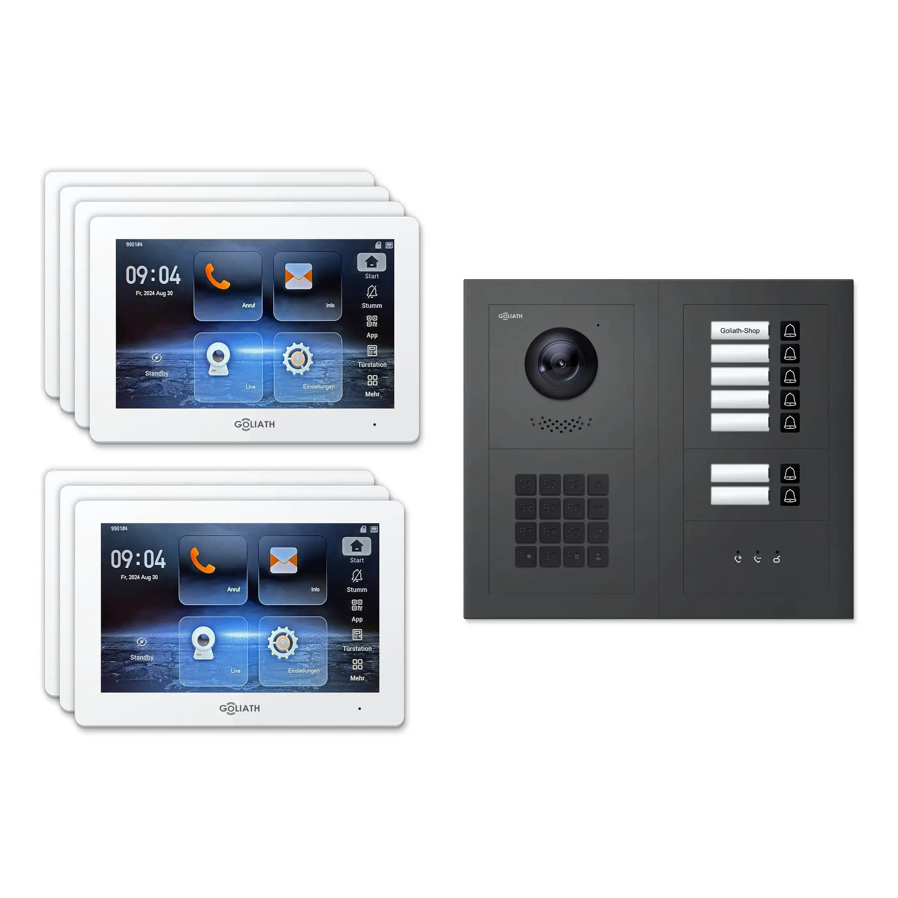 Goliath Video Türsprechanlage GL-IPH735A für 7-Familienhaus: 7 Monitore mit 7 Zoll in Weiß, Außenstation in Anthrazit mit 7 Klingeltasten sowie Statusanzeige, Zahlencode. Set für Unterputzmontage.