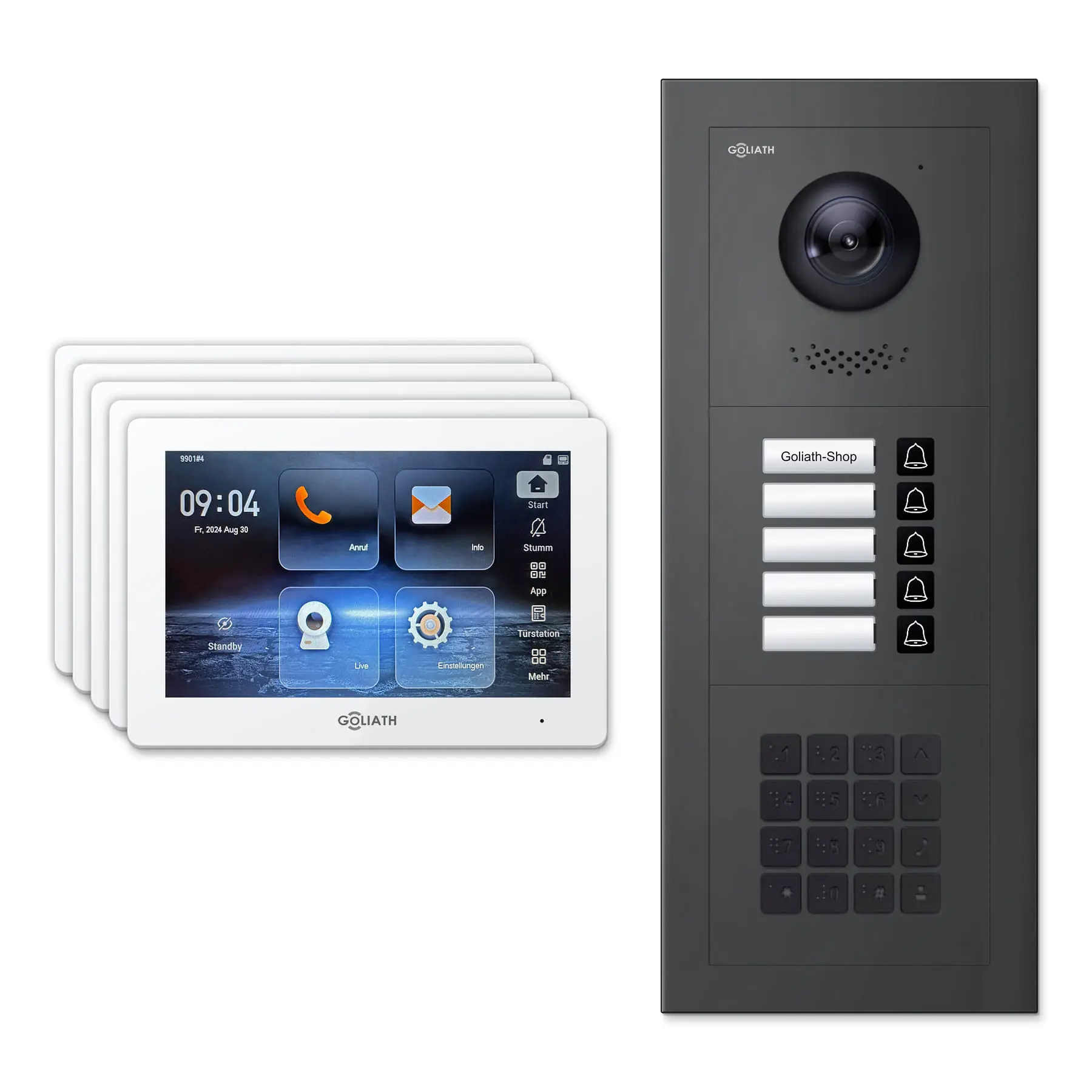 Goliath Türsprechanlage mit Kamera GL-HB520A für 5-Familienhaus: 5 Monitore mit 7 Zoll in Weiß, Außenstation in Anthrazit mit 5 Klingeltasten sowie Zahlencode. Set für Unterputzmontage.