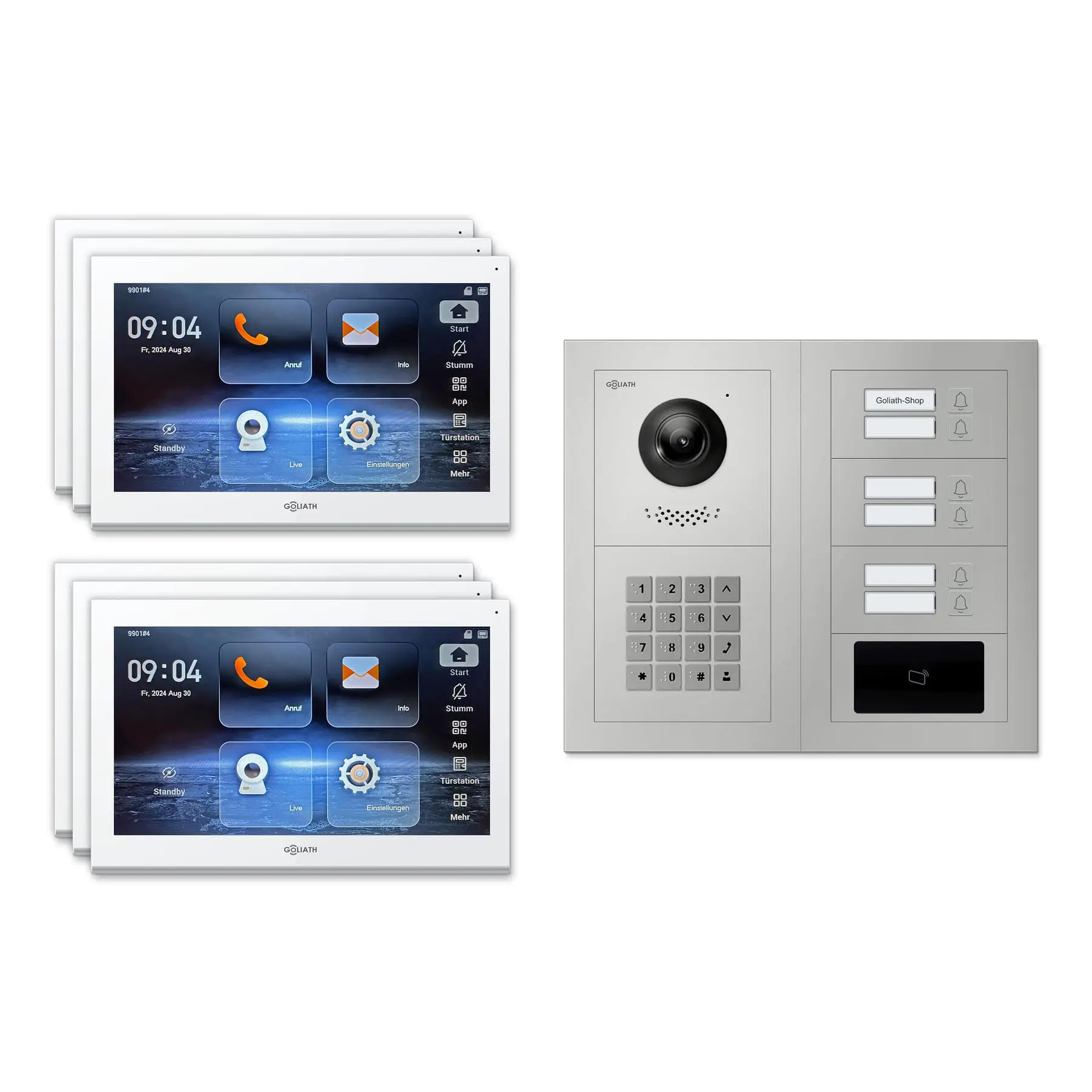 Goliath Video Türsprechanlage GL-IPH620.1 für 6-Familienhaus: 6 Monitore mit 10 Zoll in Weiß, Außenstation in Silber mit 6 Klingeltasten sowie RFID, Zahlencode. Set für Aufputzmontage.