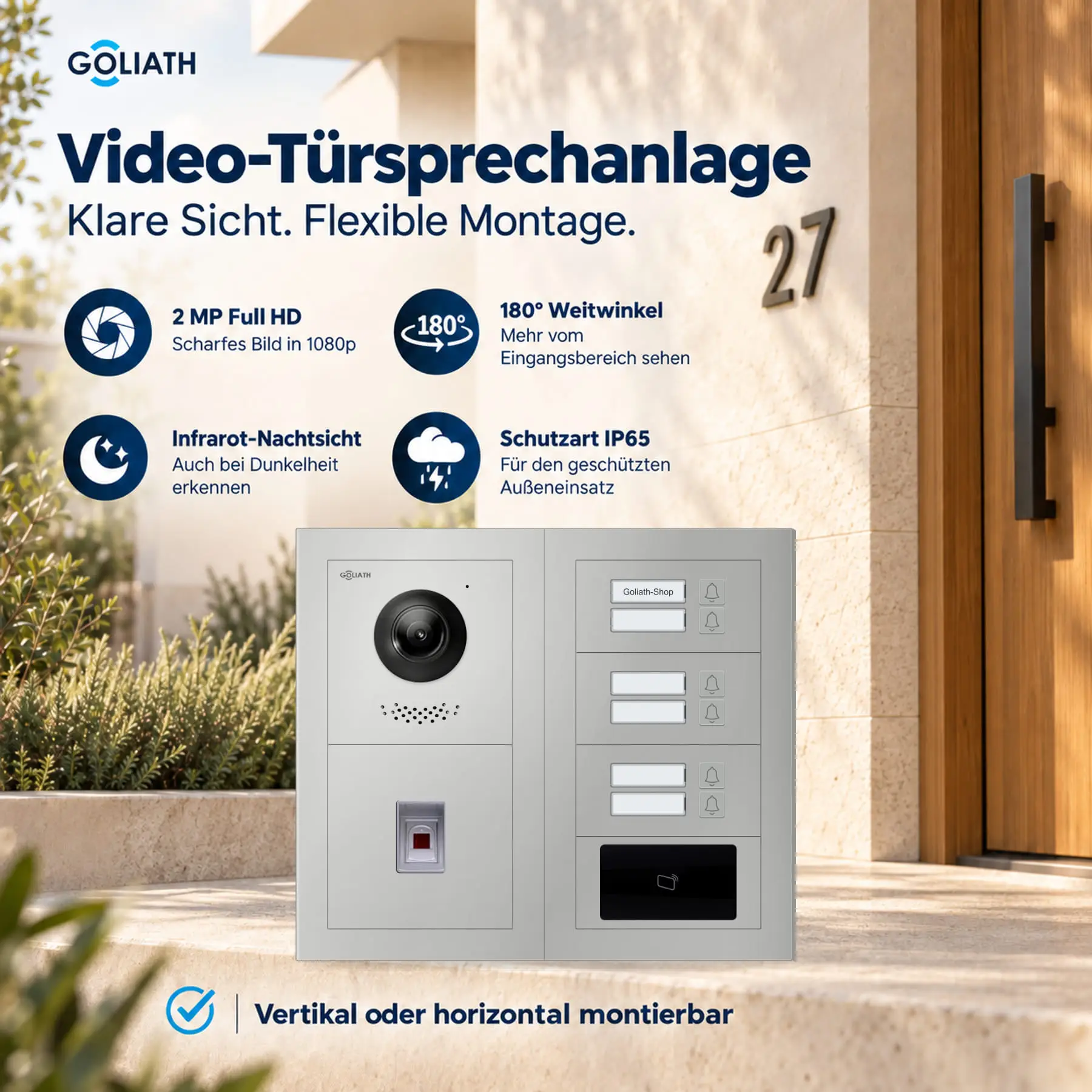 Goliath Premium-Line-Außenstation in Silber mit Kamera, 6 Klingeltasten, Fingerprint-Modul und RFID-Leser. Zwei aufrechte Modulspalten nebeneinander auf Naturstein.