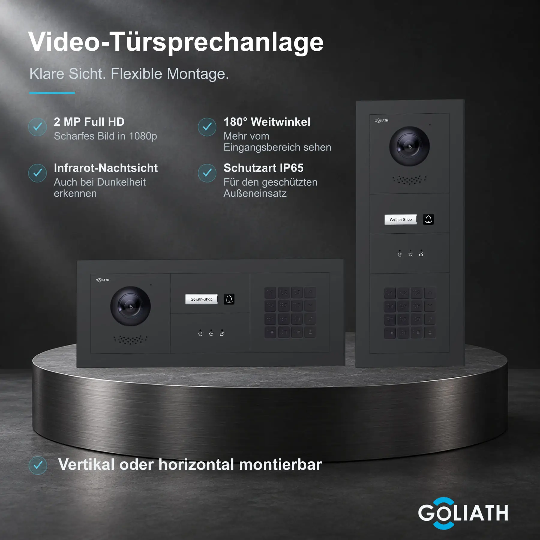 Goliath Premium-Line-Außenstation in Anthrazit mit Kamera, 1 Klingeltaste, Zahlencode-Tastatur und Feedback-Anzeige. Senkrechte und waagerechte Anordnung auf Naturstein.