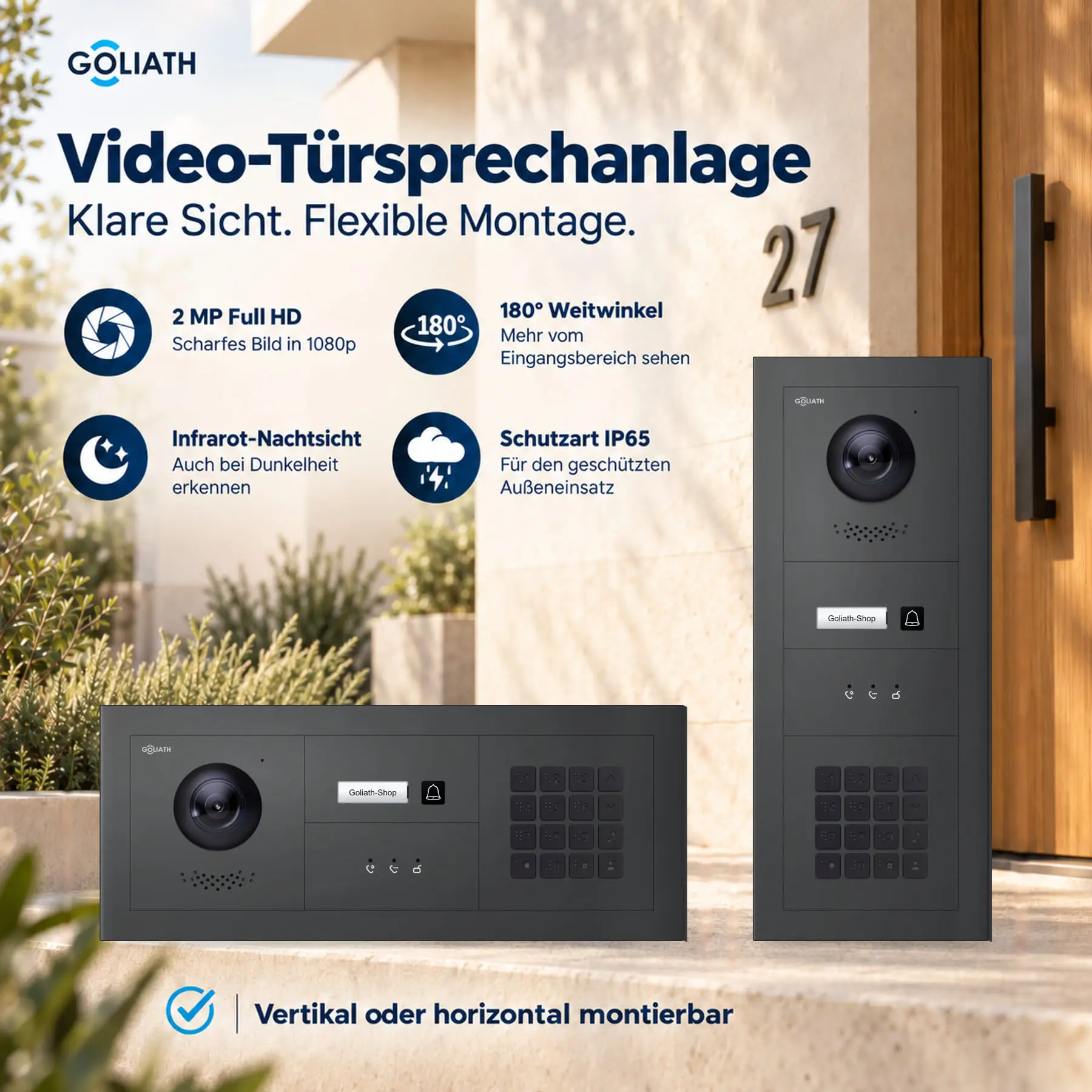 Goliath Premium-Line-Außenstation in Anthrazit mit Kamera, 1 Klingeltaste, Zahlencode-Tastatur und Feedback-Anzeige. Senkrechte und waagerechte Anordnung auf Naturstein.