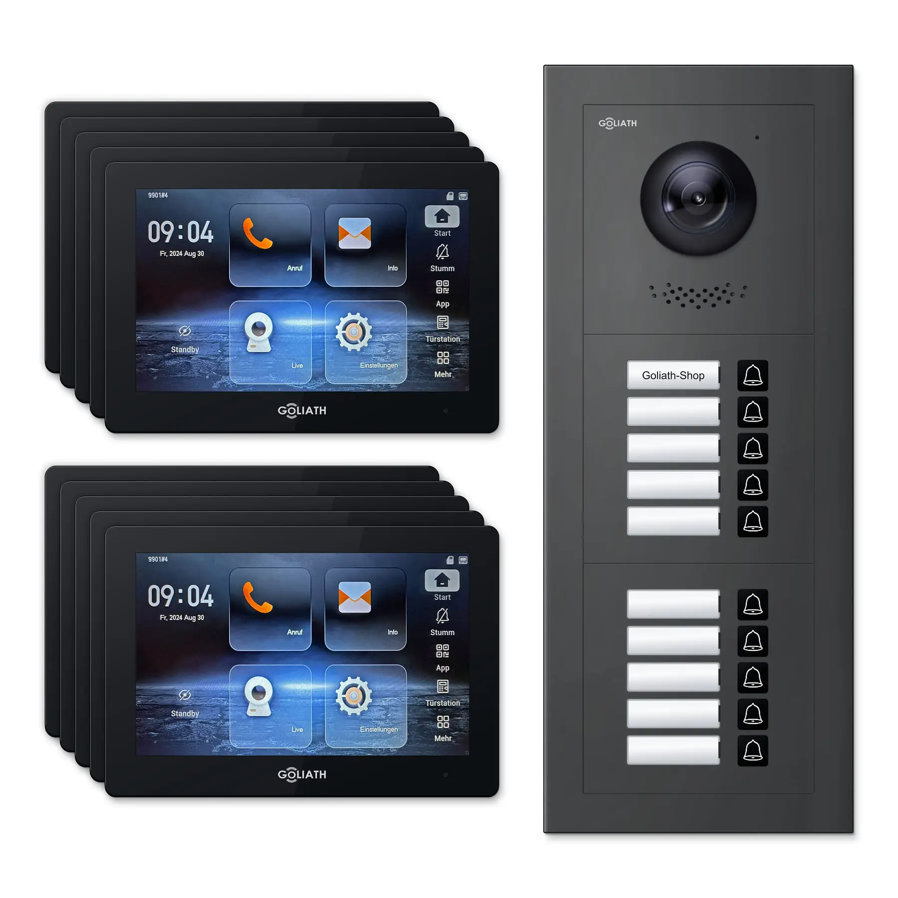 Goliath Türsprechanlage mit Kamera GL-HB1000A.3 für 10-Familienhaus: 10 Monitore mit 7 Zoll in Schwarz, Außenstation in Anthrazit mit 10 Klingeltasten. Set für Aufputzmontage.