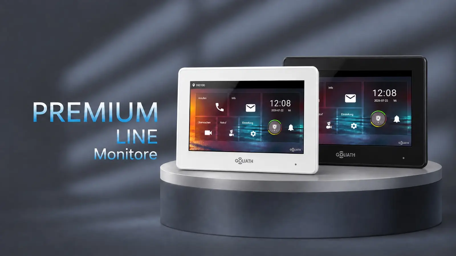 Zwei Goliath Premium-Line-Innenmonitore mit 7 Zoll in Weiß und Schwarz auf einem dunklen Podest