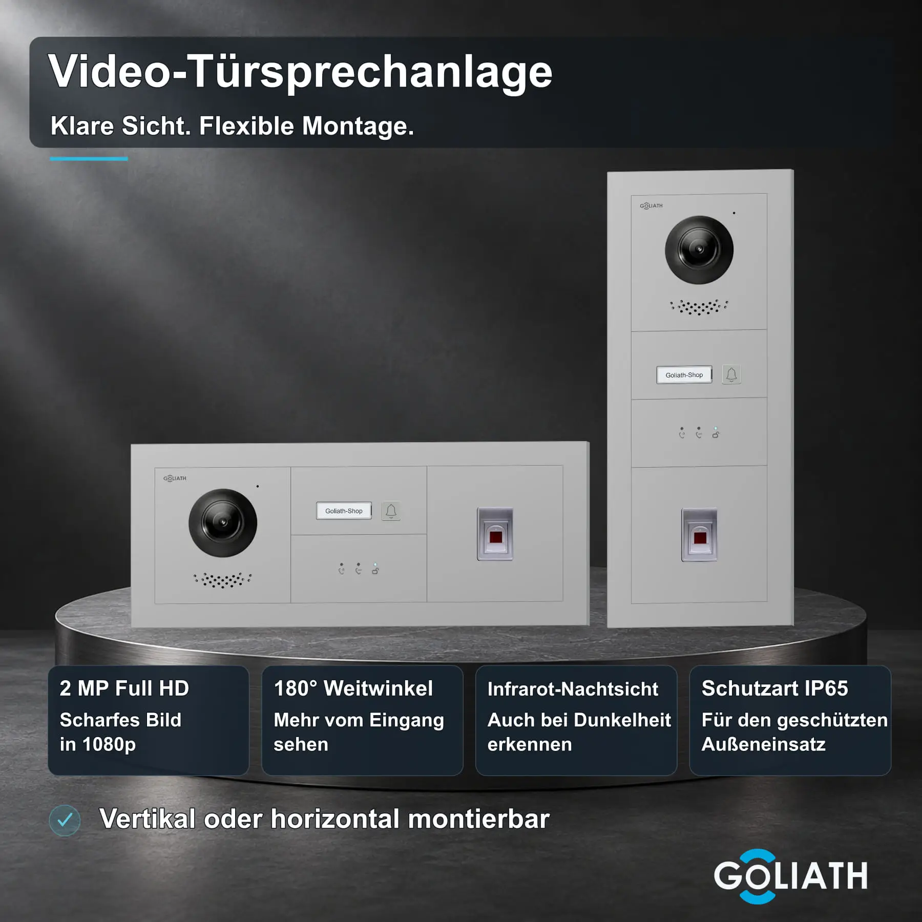 Goliath Premium-Line-Außenstation in Silber mit Kamera, 1 Klingeltaste, Fingerprint-Modul und Feedback-Anzeige. Senkrechte und waagerechte Anordnung auf Naturstein.