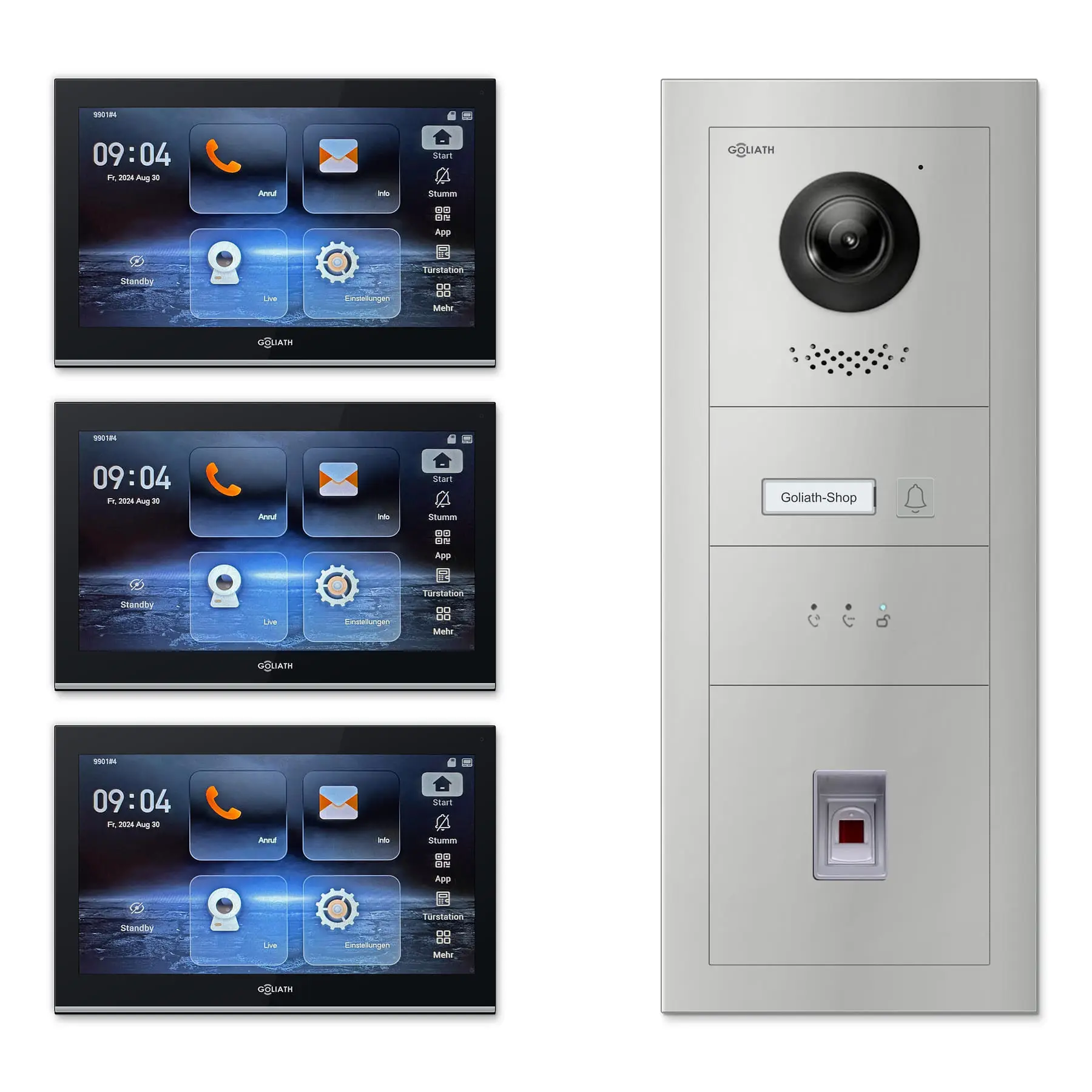 Goliath Video Türsprechanlage GL-IPH132.6 für 1-Familienhaus: 3 Monitore mit 10 Zoll in Schwarz, Außenstation in Silber mit 1 Klingeltaste sowie Statusanzeige, Fingerprint. Set für Aufputzmontage.