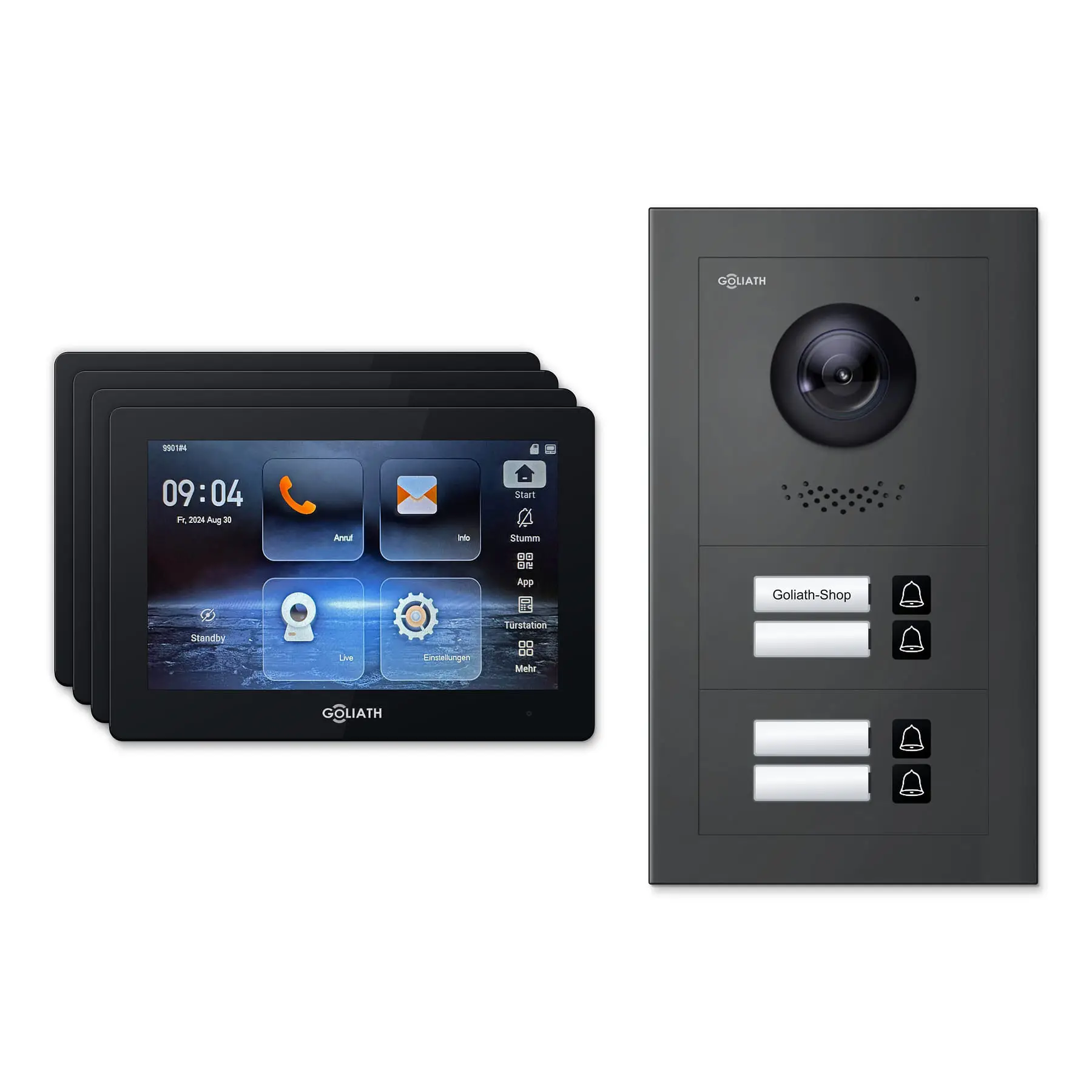 Goliath Türsprechanlage mit Kamera GL-HB400A.3 für 4-Familienhaus: 4 Monitore mit 7 Zoll in Schwarz, Außenstation in Anthrazit mit 4 Klingeltasten. Set für Aufputzmontage.