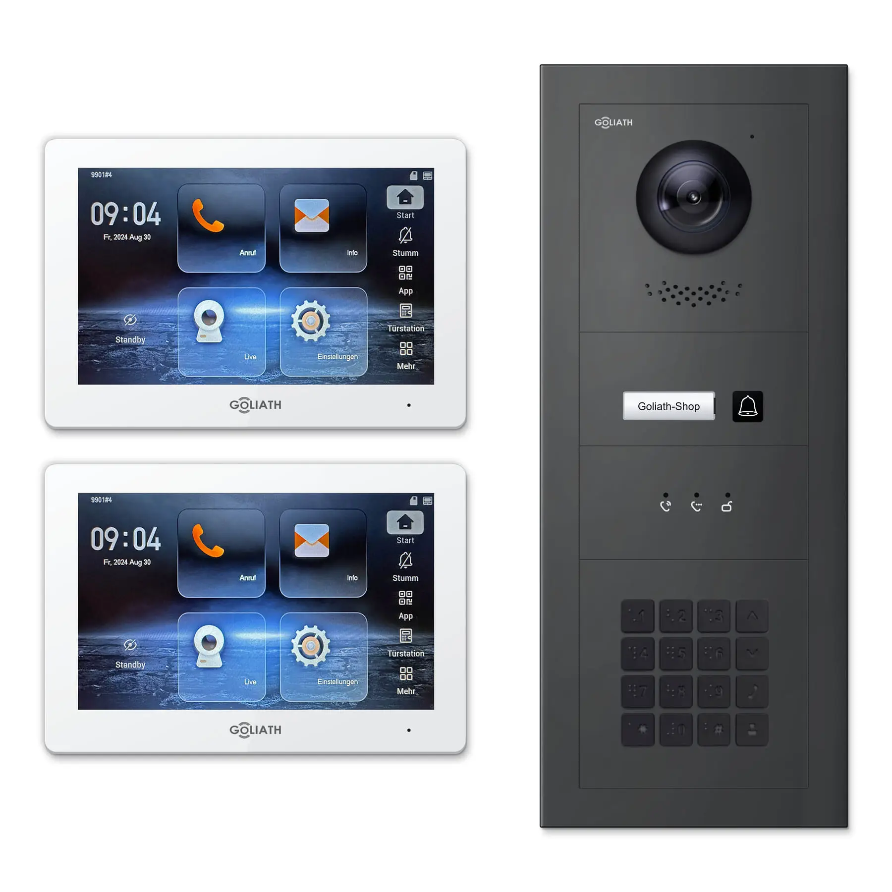 Goliath Türsprechanlage mit Kamera GL-HB121A.1 für 1-Familienhaus: 2 Monitore mit 7 Zoll in Weiß, Außenstation in Anthrazit mit 1 Klingeltaste sowie Statusanzeige, Zahlencode. Set für Aufputzmontage.