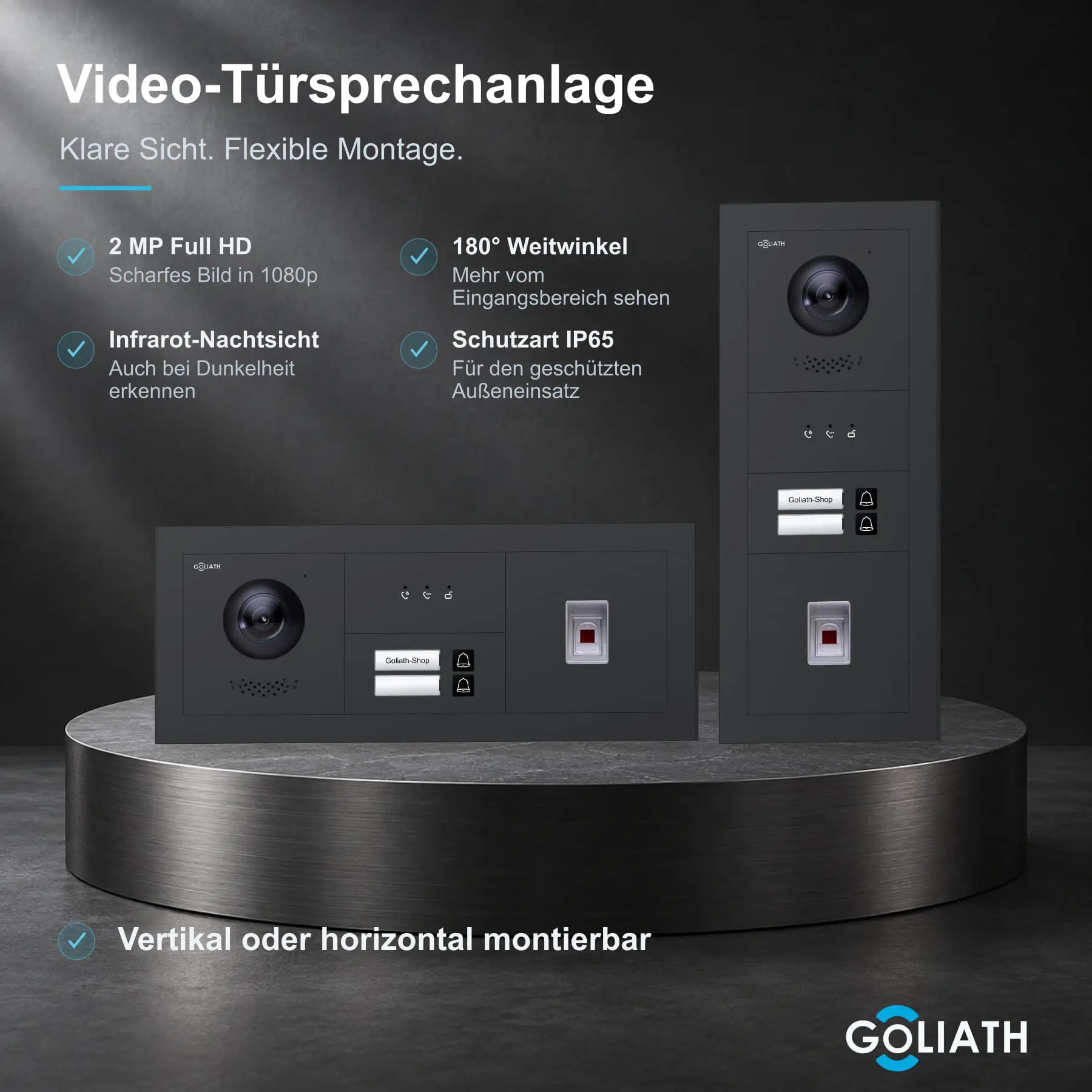 Goliath Premium-Line-Außenstation in Anthrazit mit Kamera, 2 Klingeltasten, Fingerprint-Modul und Feedback-Anzeige. Senkrechte und waagerechte Anordnung auf Naturstein.