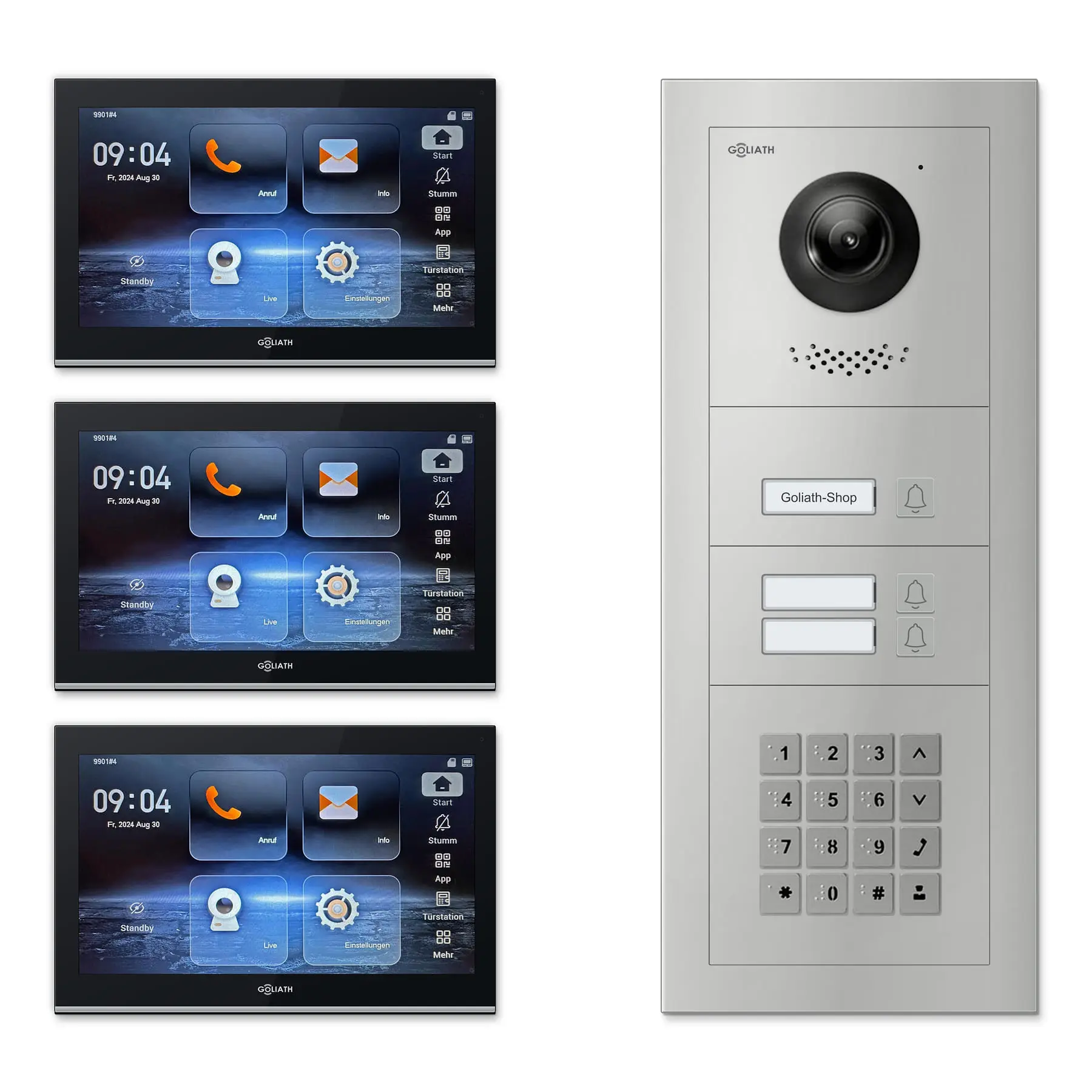 Goliath Video Türsprechanlage GL-IPH320.6 für 3-Familienhaus: 3 Monitore mit 10 Zoll in Schwarz, Außenstation in Silber mit 3 Klingeltasten sowie Zahlencode. Set für Aufputzmontage.