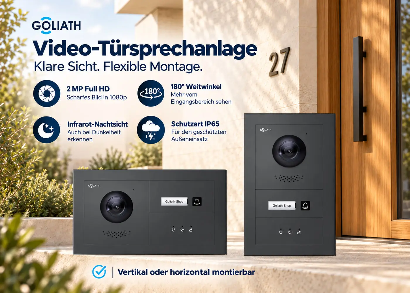 Anthrazitfarbene Goliath Außenstation mit einer Klingeltaste und Feedback in horizontaler und vertikaler Anordnung
