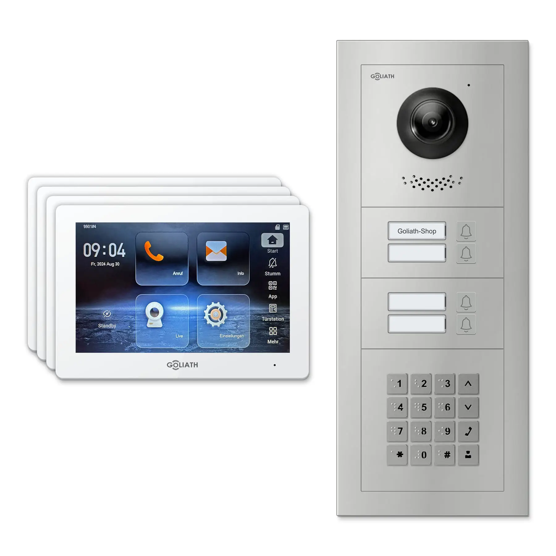 Goliath Video Türsprechanlage GL-IPH425 für 4-Familienhaus: 4 Monitore mit 7 Zoll in Weiß, Außenstation in Silber mit 4 Klingeltasten sowie Zahlencode. Set für Unterputzmontage.