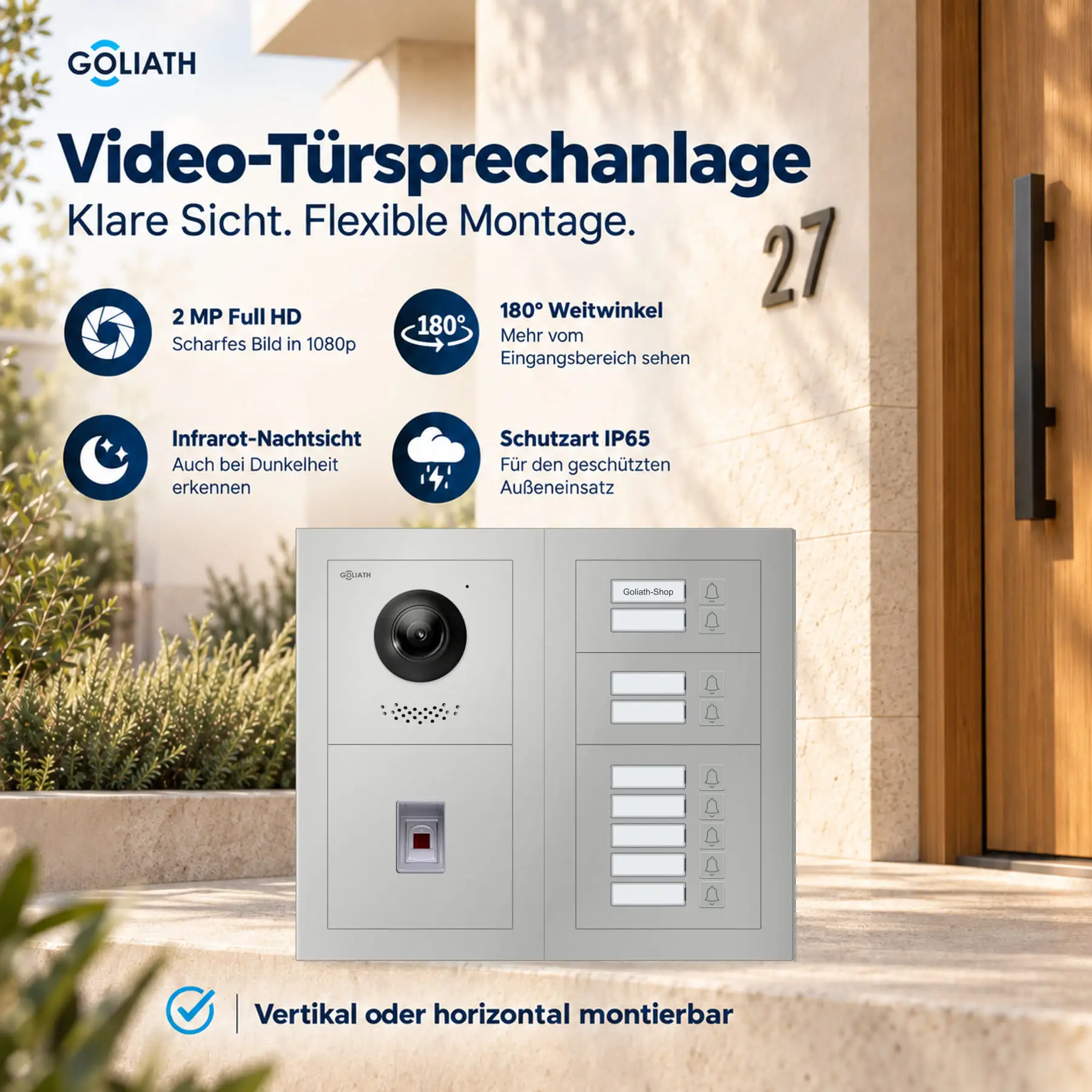 Goliath Premium-Line-Außenstation in Silber mit Kamera, 9 Klingeltasten und Fingerprint-Modul. Zwei aufrechte Modulspalten nebeneinander auf Naturstein.